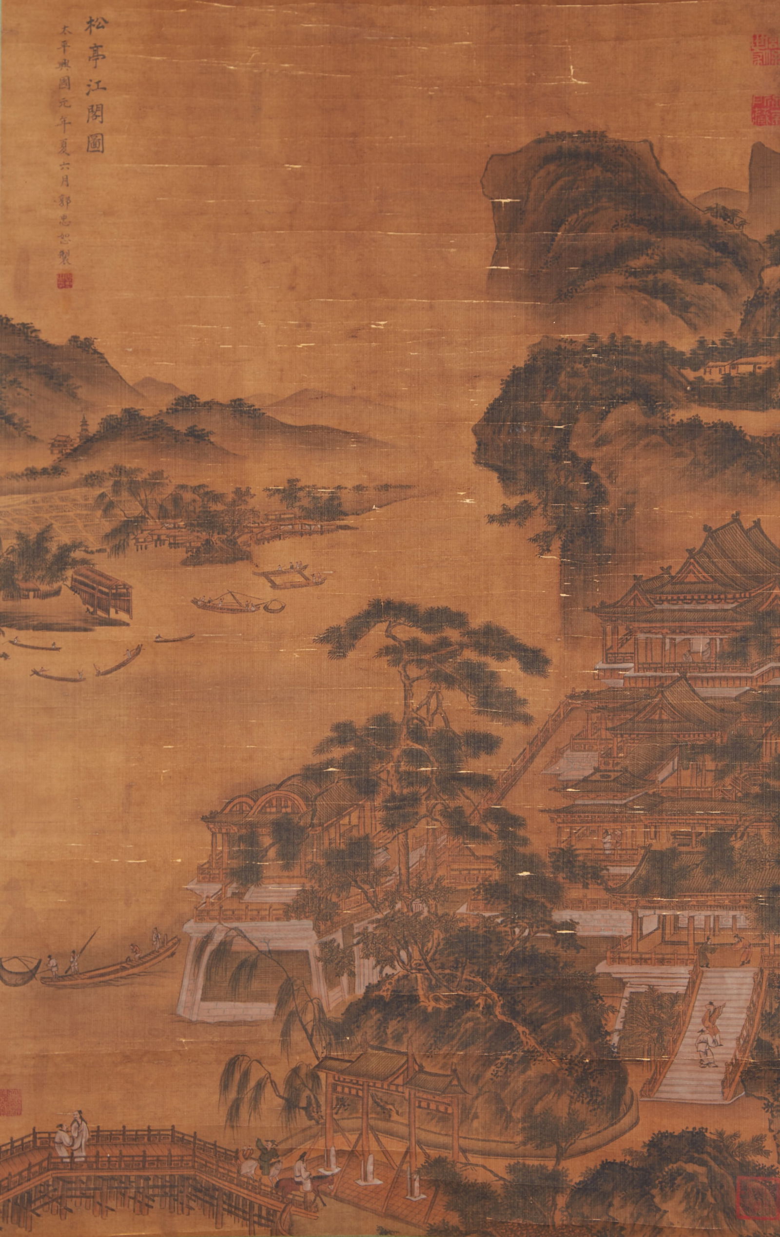 A "PINE PAVILION AND RIVERSIDE PAVILION", PAINTING ON SILK BY GUO ZHONGSHU.郭忠恕: "Pine Pavilion and Riverside Pavilion", Painting on Silk by Guo Zhongshu.郭忠恕