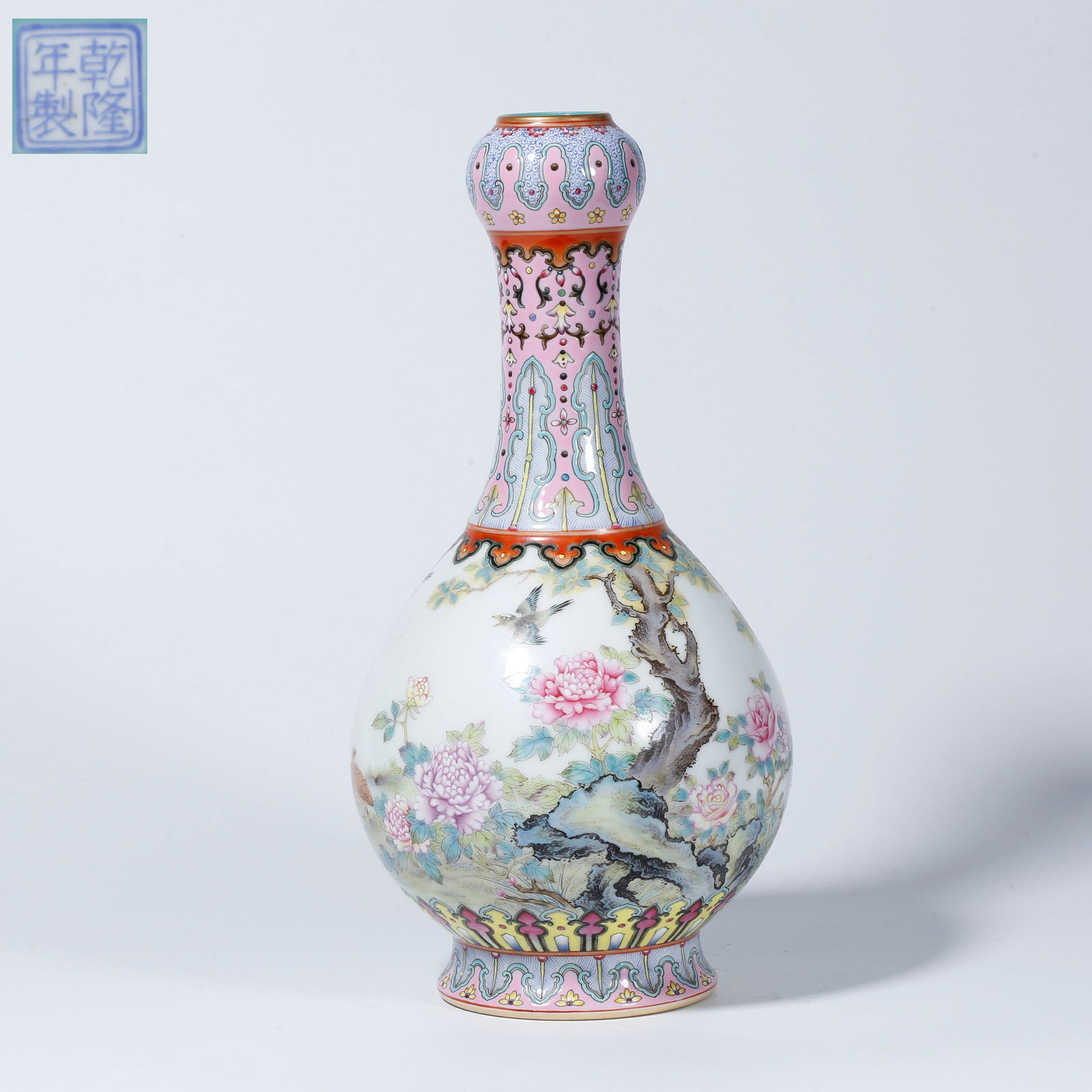 A FAMILLE ROSE GARLIC-SHAPED VASE WITH FLOWER-AND-BIRD DESIGN: Famille Rose Garlic-Shaped Vase with Flower-and-Bird Design