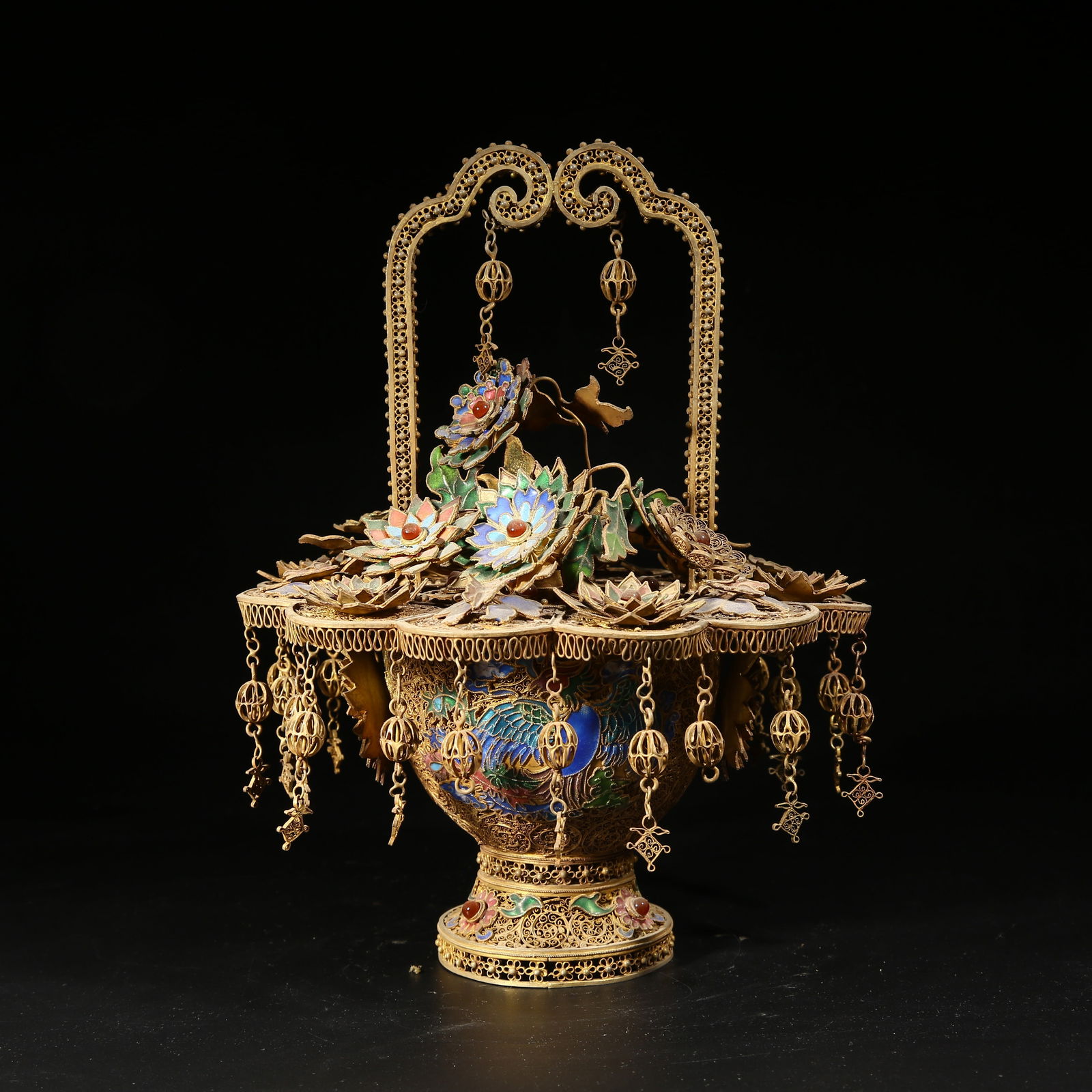 A GILDED SILVER FILIGREE CLOISONNÉ FLOWER BASKET: Gilded silver filigree cloisonné flower basket