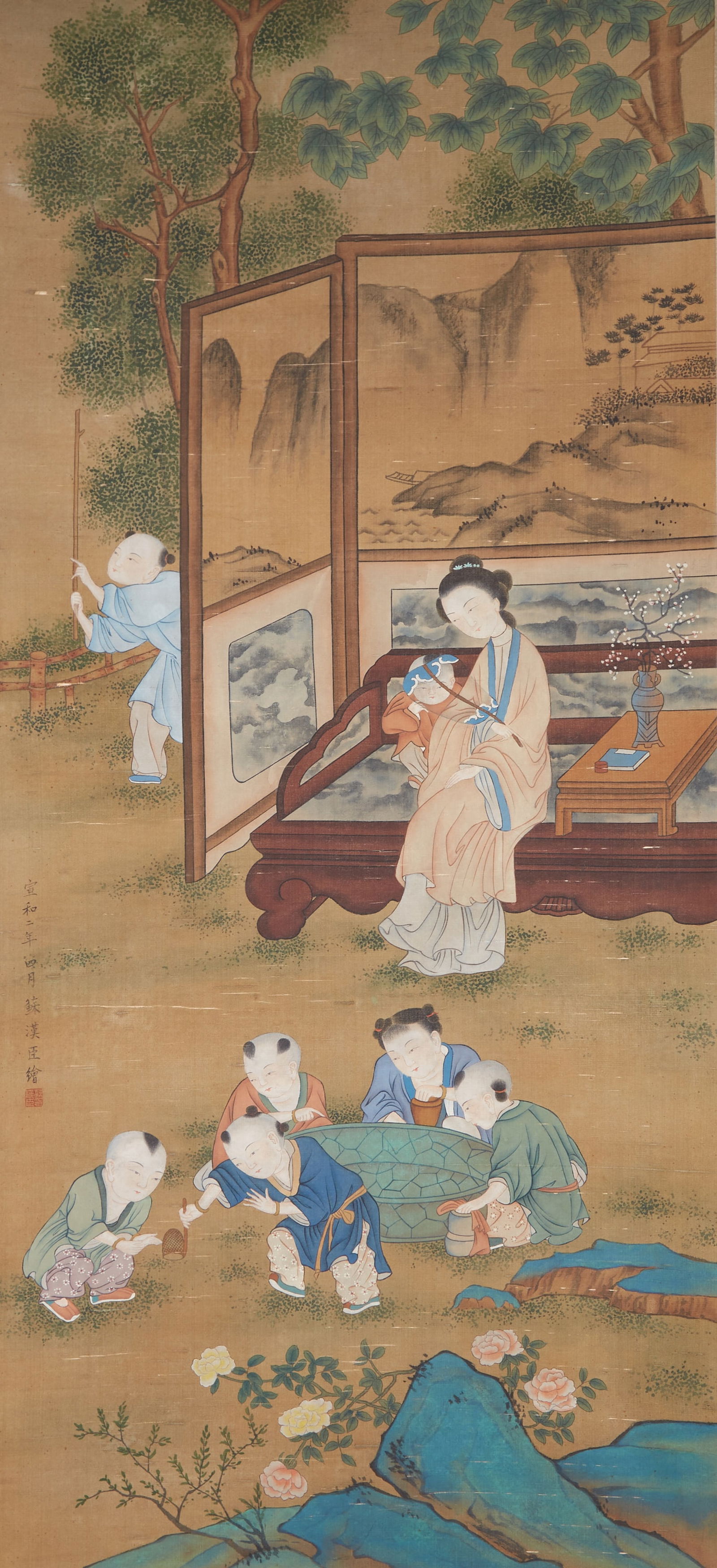 A CHILDREN AT PLAY ON SILK BY SU HANCHEN.蘇漢臣: Children at Play on Silk by Su Hanchen.蘇漢臣