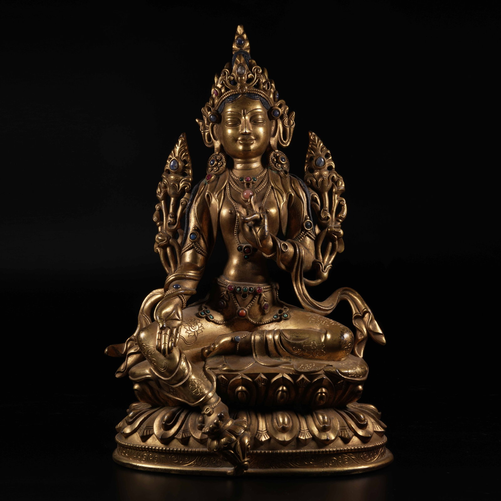 A GILT-BRONZE GREEN TARA STATUE INLAID WITH GEMSTONES: Gilt-Bronze Green Tara Statue Inlaid with Gemstones