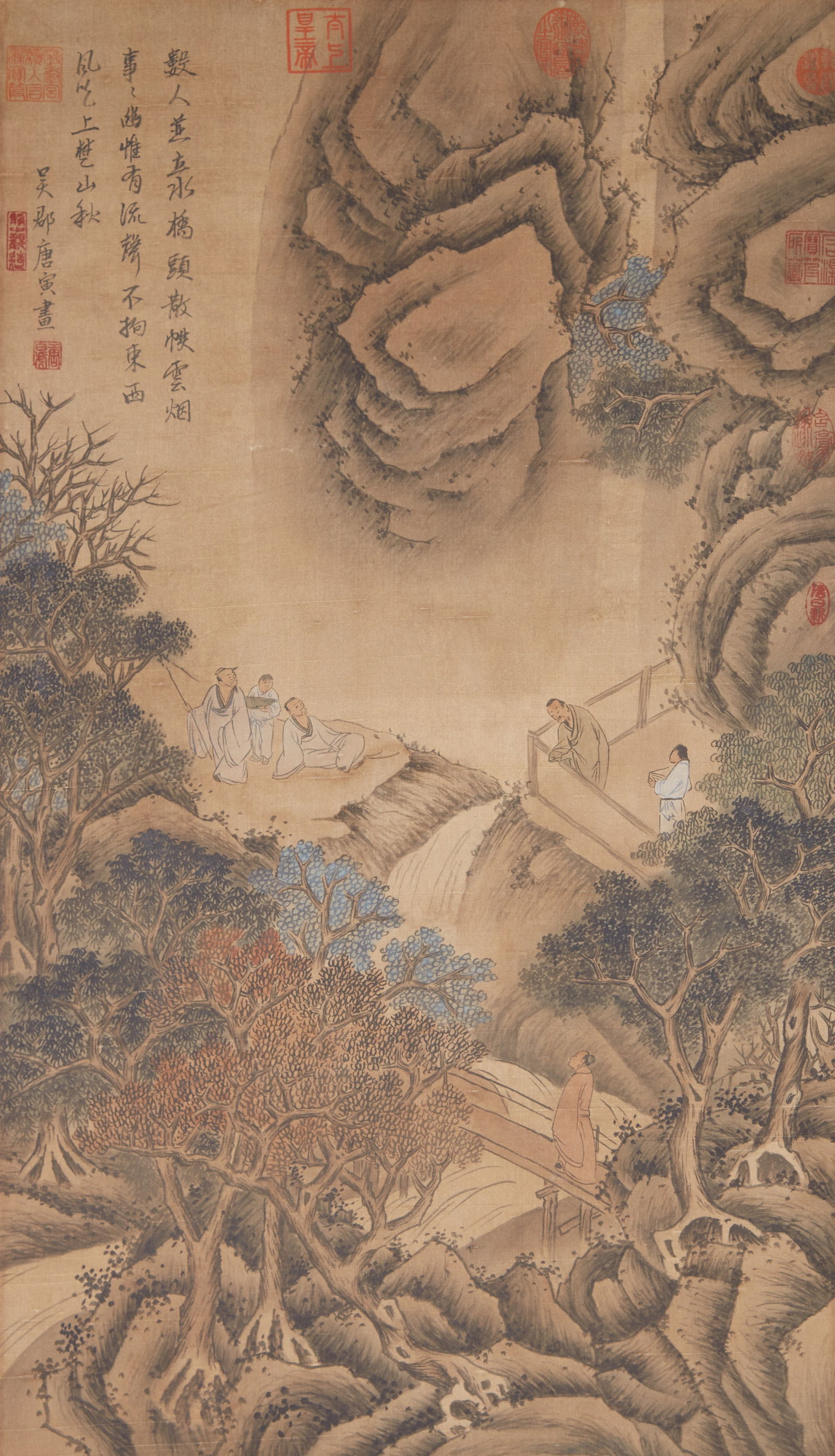 A LANDSCAPE AND FIGURES PAINTING ON SILK BY TANG BOHU.唐伯虎 (1 of 10)