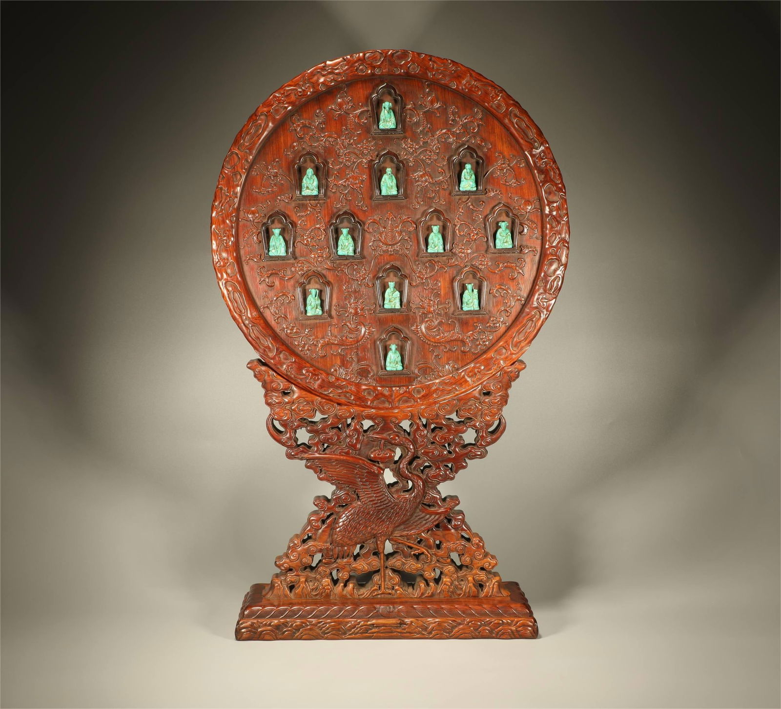 A HUANGHUALI CARVED BRUSH POT WITH FLOWER MOTIF AND INLAID TURQUOISE TWELVE ZODIAC FIGURES (1 of 8)