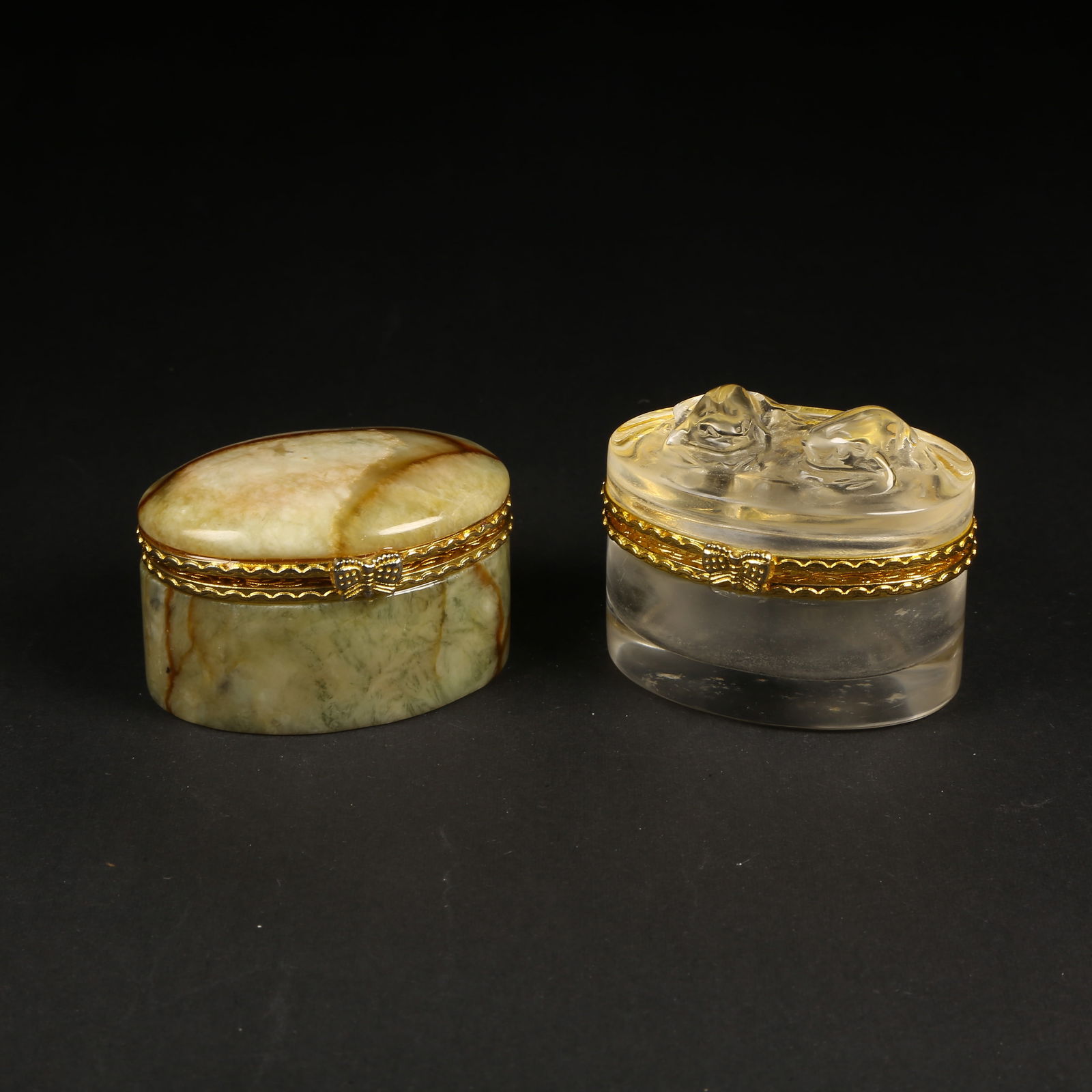 A GROUP OF CRYSTAL ROUGE BOXES WITH "GUAGUA BRINGS WEALTH" MOTIF (ONE EXAMPLE IN JADE) (1 of 8)