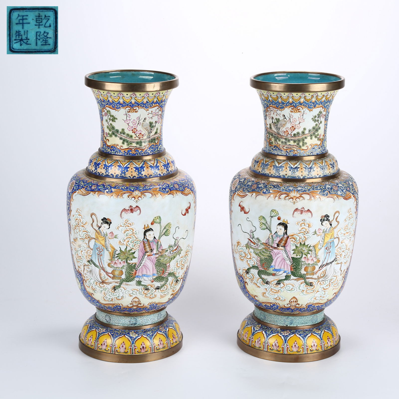 A SET OF CLOISONNÉ ENAMELED VASES WITH BIRTHDAY CELEBRATION SCENE AND FLARED MOUTH (1 of 11)