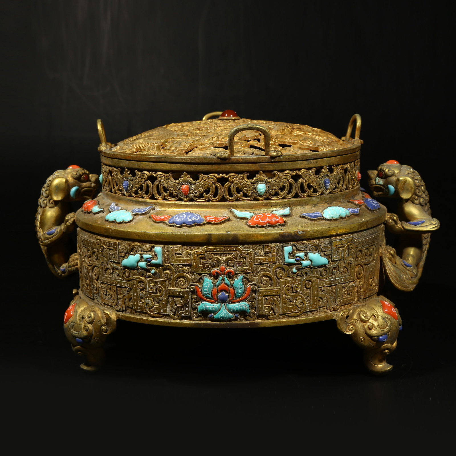 A GILDED BRONZE INCENSE BURNER WITH BEAST-HEAD HANDLES AND KUI-DRAGON DESIGN, INLAID WITH GEMS (1 of 9)