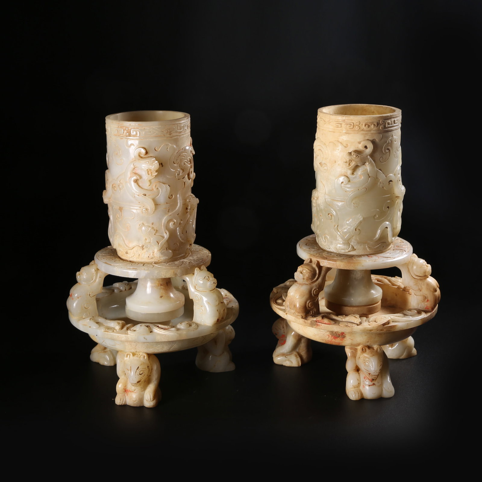 A SET OF ARCHAIC JADE CHENGLU CUPS WITH CHILONG MOTIFS (1 of 10)