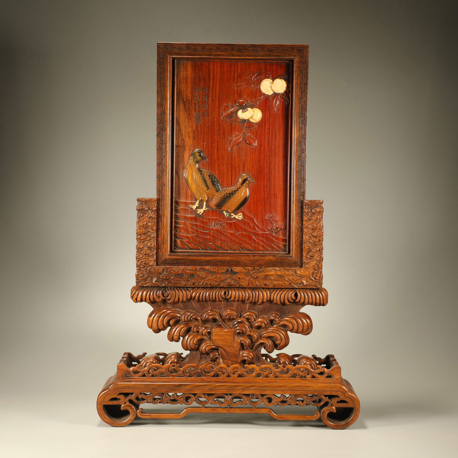 A HUANGHUALI INLAID HORN CARVED TABLE SCREEN WITH FLOWER-AND-BIRD MOTIF (1 of 7)