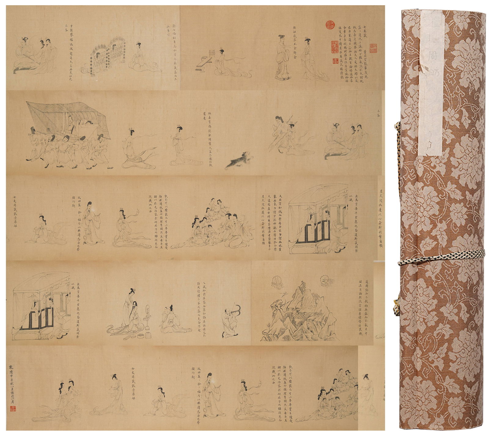 A FIGURE PAINTING HANDSCROLL ON SILK BY ZHOU FANG.周昉: Figure Painting Handscroll on Silk by Zhou Fang.周昉