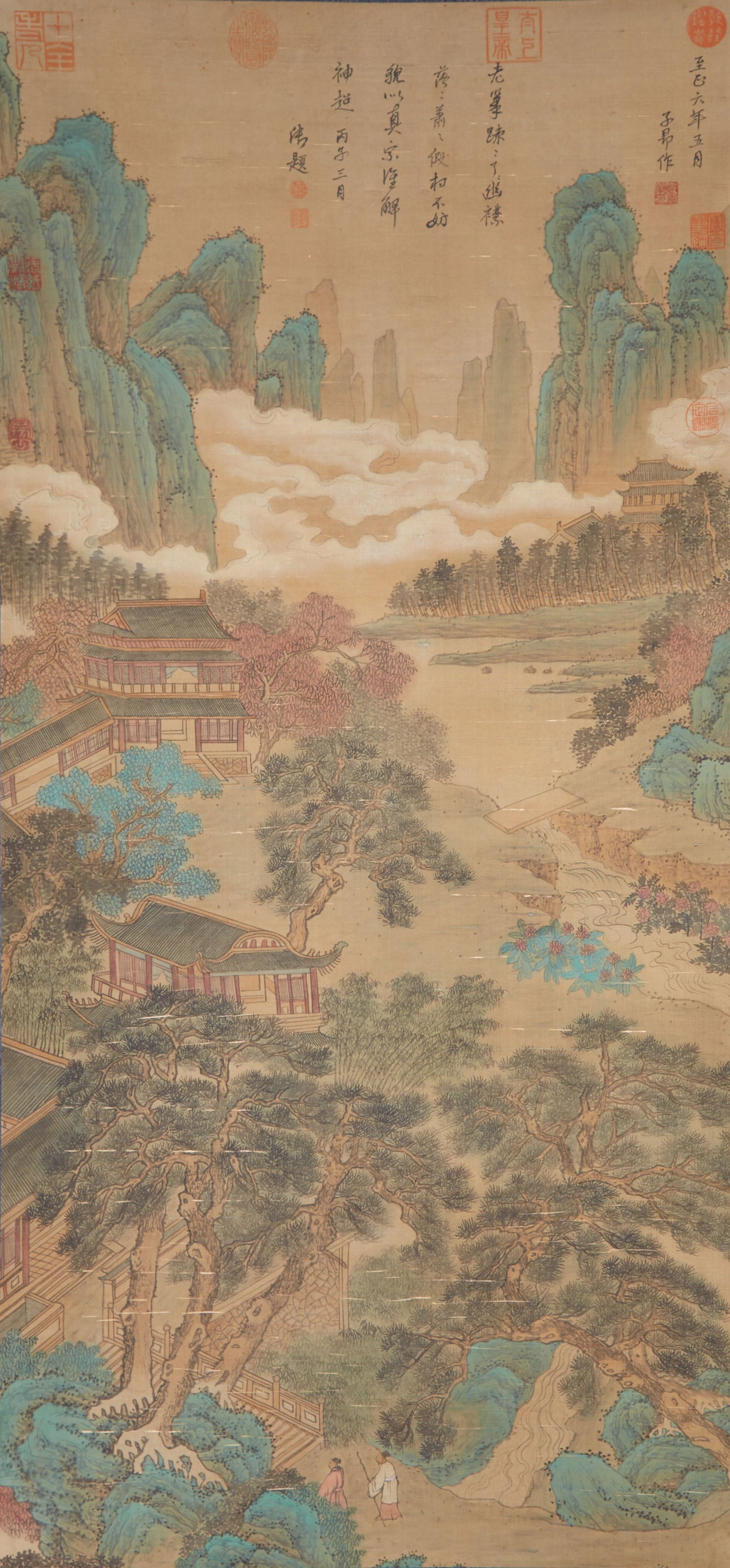 A LANDSCAPE PAINTING ON SILK BY ZHAO MENGFU.趙孟頫: Landscape Painting on Silk by Zhao Mengfu.趙孟頫
