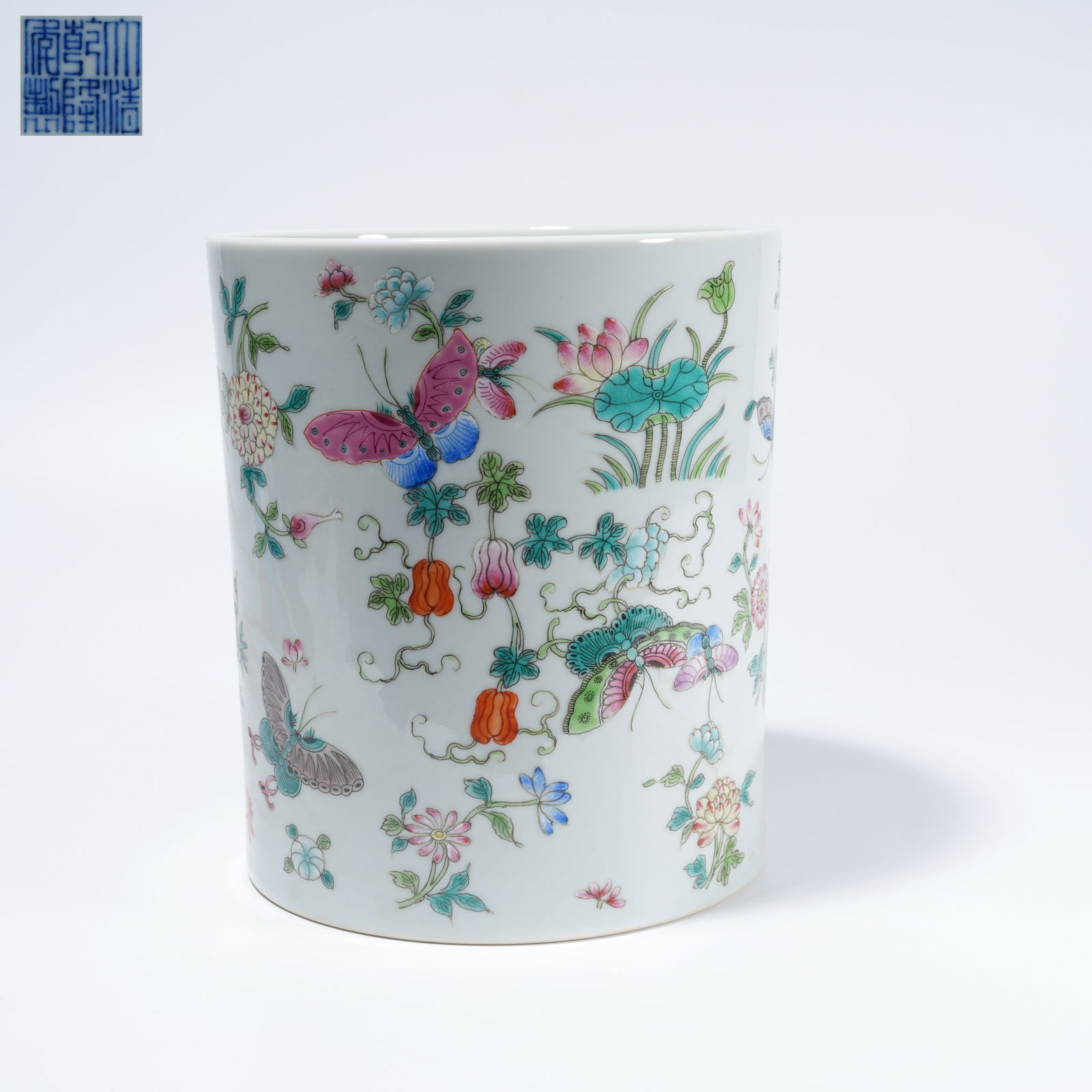 A FAMILLE-ROSE BRUSH POT WITH FLOWER-AND-BUTTERFLY MOTIF (1 of 10)