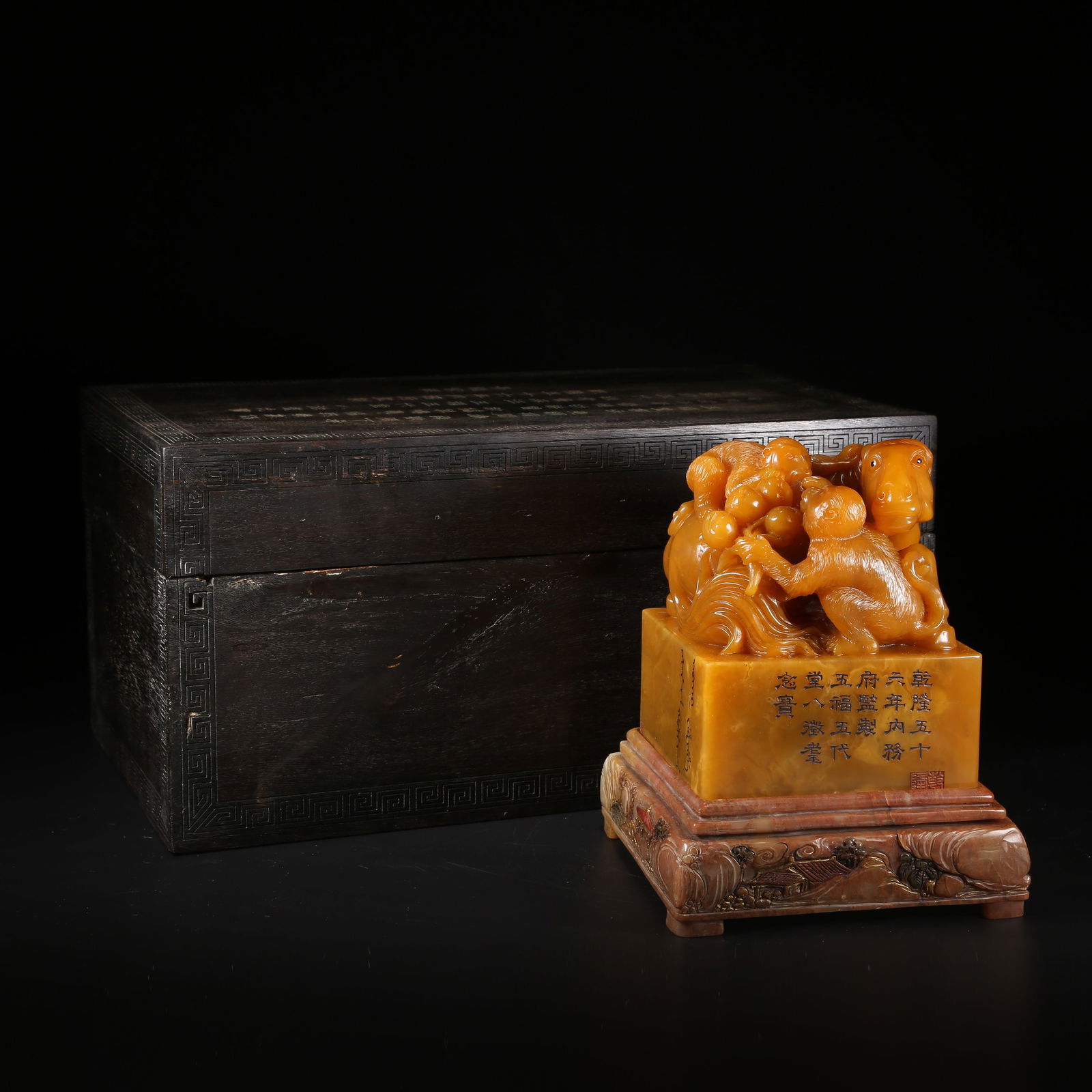 A SHOUSHAN STONE SEAL WITH "PROMOTION UPON HORSEBACK" KNOB: Shoushan Stone Seal with "Promotion Upon Horseback" Knob