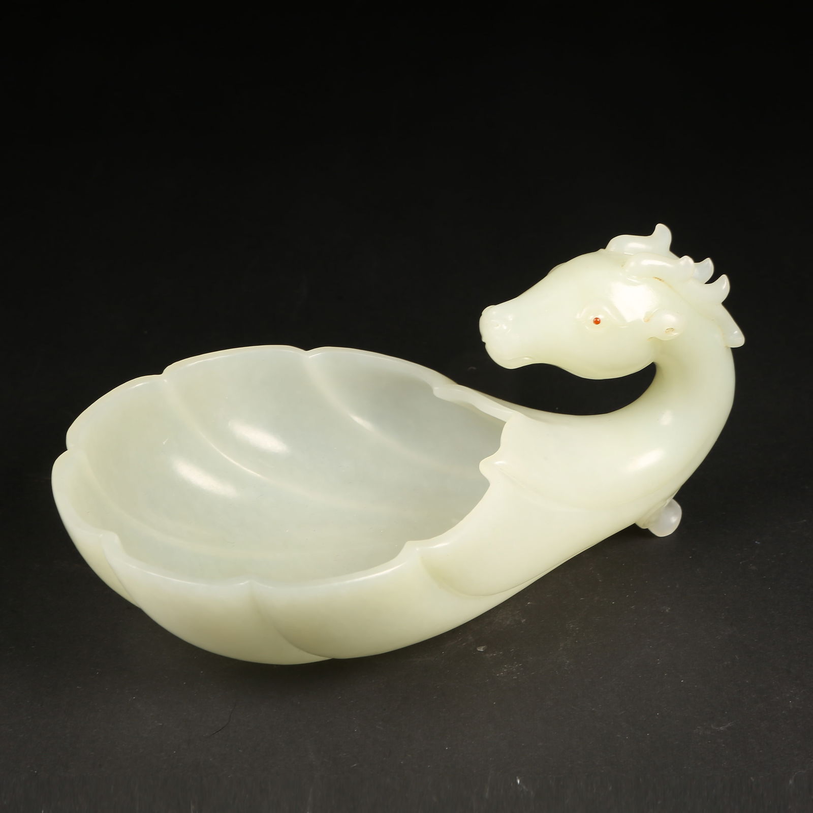 A HETIAN JADE WASHER WITH AUSPICIOUS BEAST-HEAD FORM, INLAID WITH PRECIOUS STONES: Hetian Jade Washer with Auspicious Beast-Head Form, Inlaid with Precious Stones