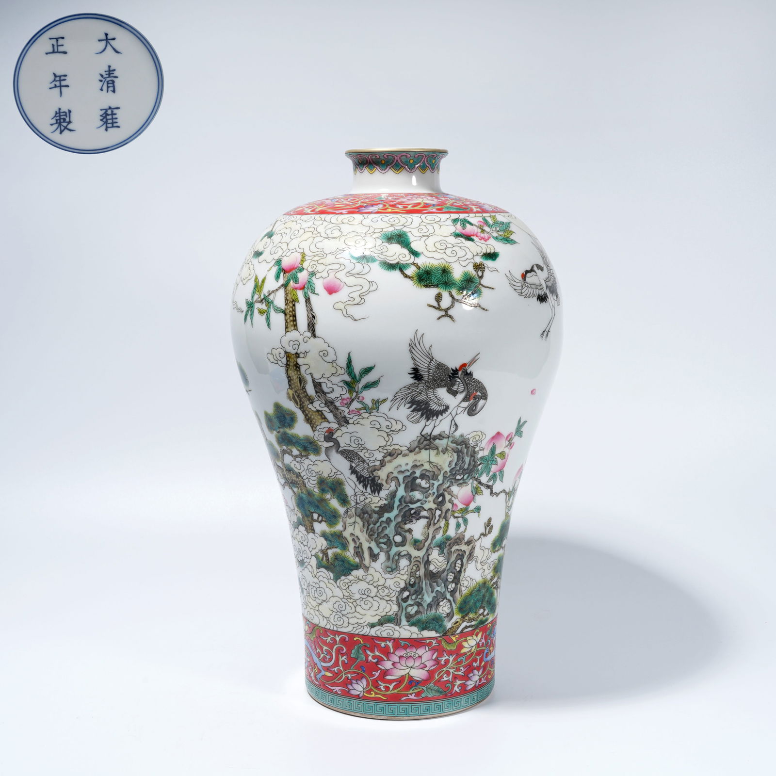 A FAMILLE-ROSE PLUM VASE WITH PINE-AND-CRANE MOTIF (1 of 10)