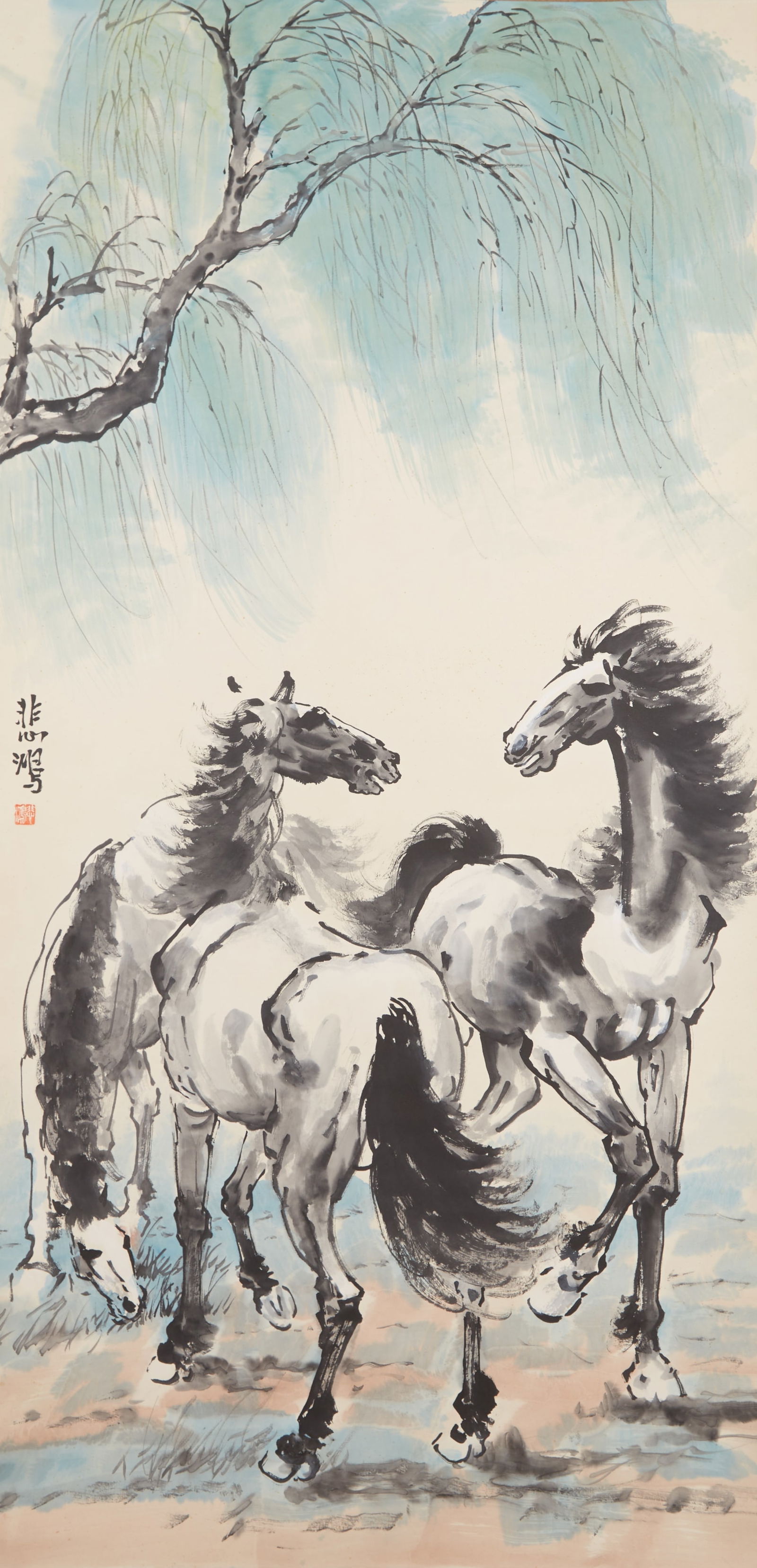A TWO HORSES PAINTING ON PAPER BY XU BEIHONG.徐悲鴻 (1 of 9)