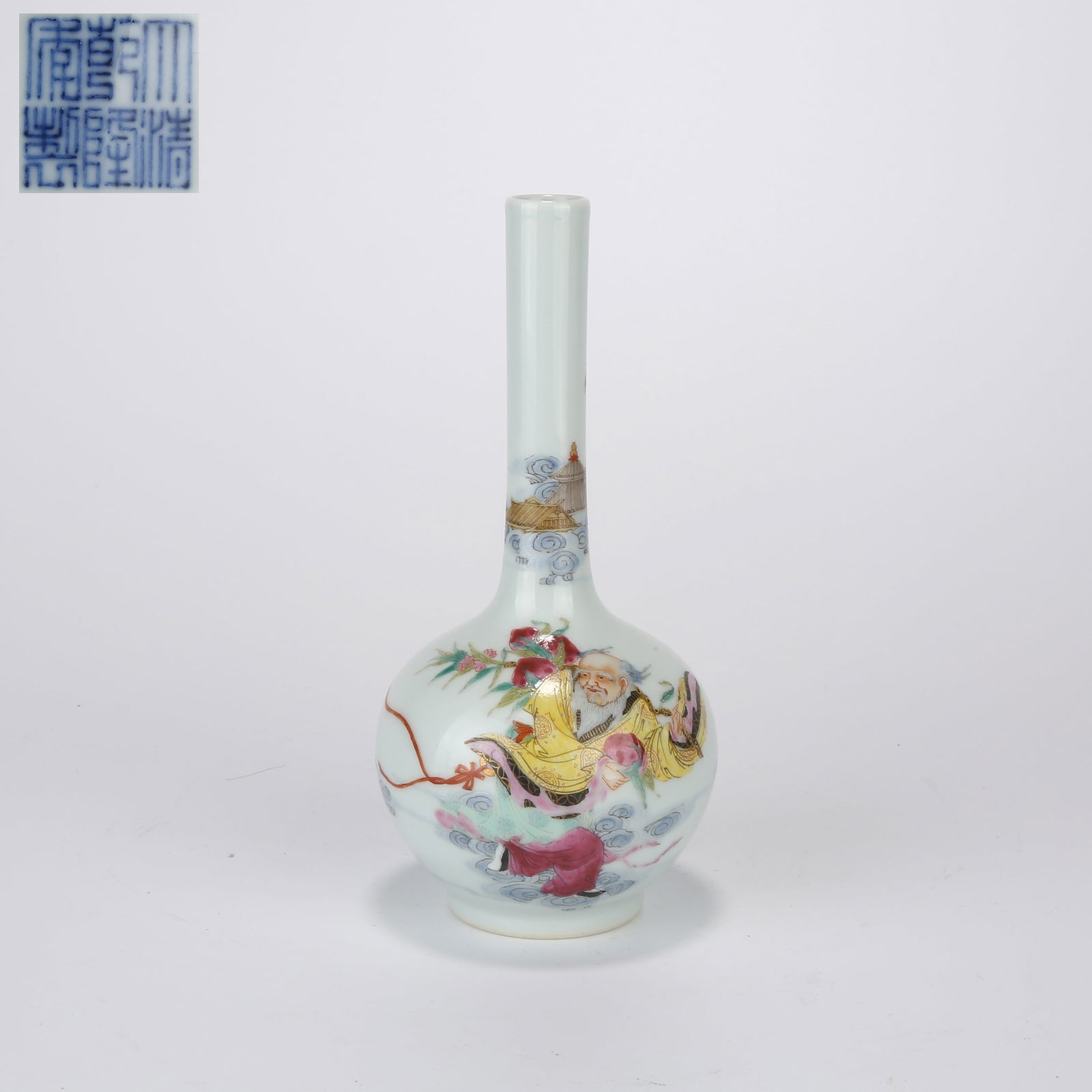 A FAMILLE ROSE LONG-NECK VASE WITH LONGEVITY BLESSING MOTIF: Famille rose long-neck vase with longevity blessing motif
