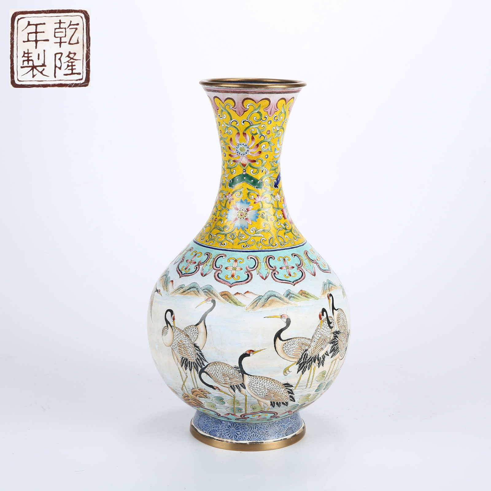 A CLOISONNÉ ENAMELED PRESENTATION VASE WITH PINE AND CRANE MOTIF SYMBOLIZING LONGEVITY (1 of 10)