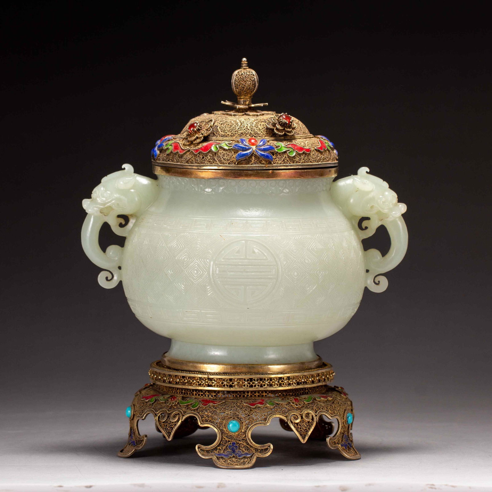 A HETIAN JADE DOUBLE-HANDLED CENSER (1 of 8)