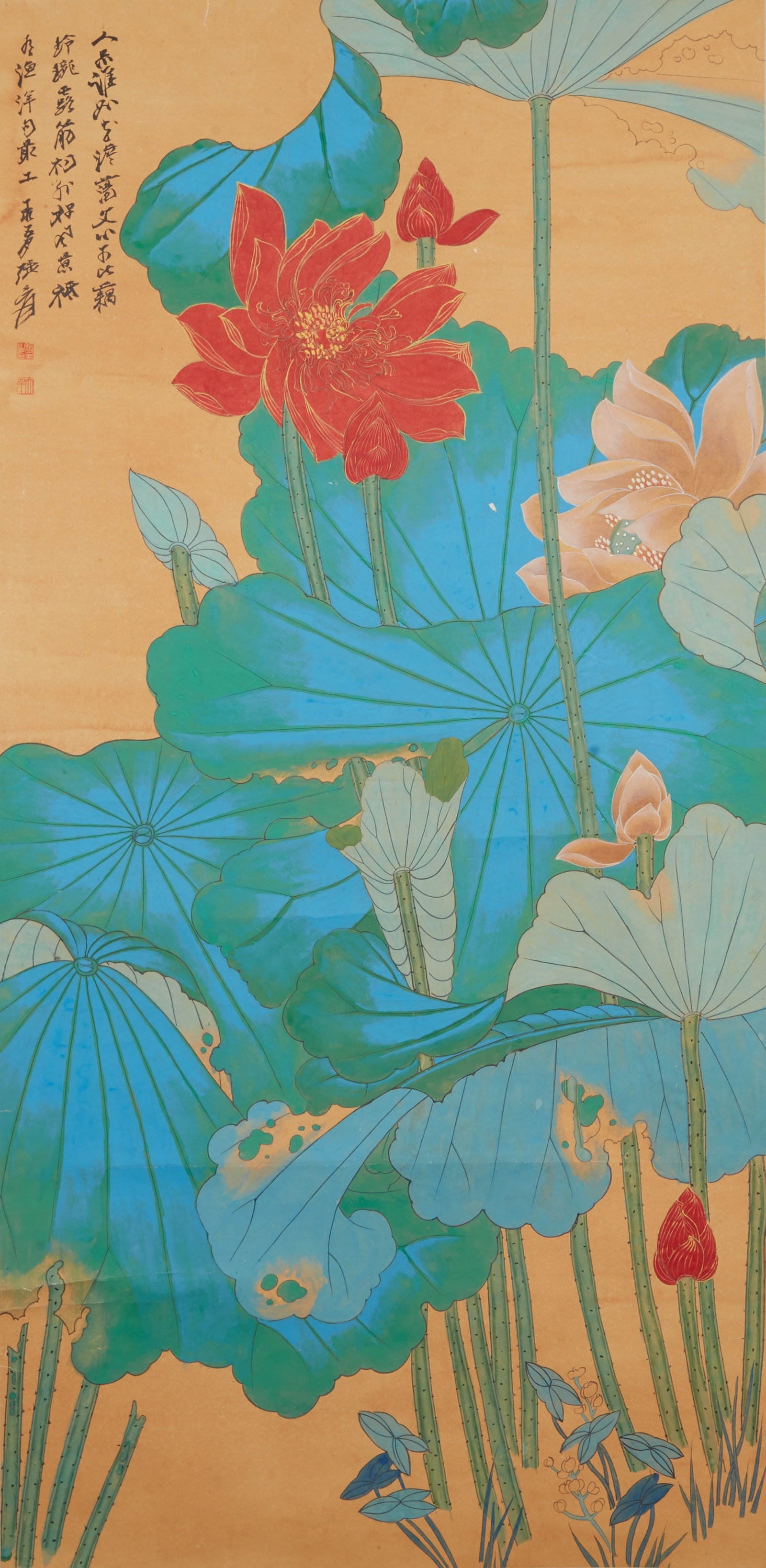 A LOTUS PAINTING ON PAPER BY ZHANG DAQIAN.張大千: Lotus Painting on Paper by Zhang Daqian.張大千