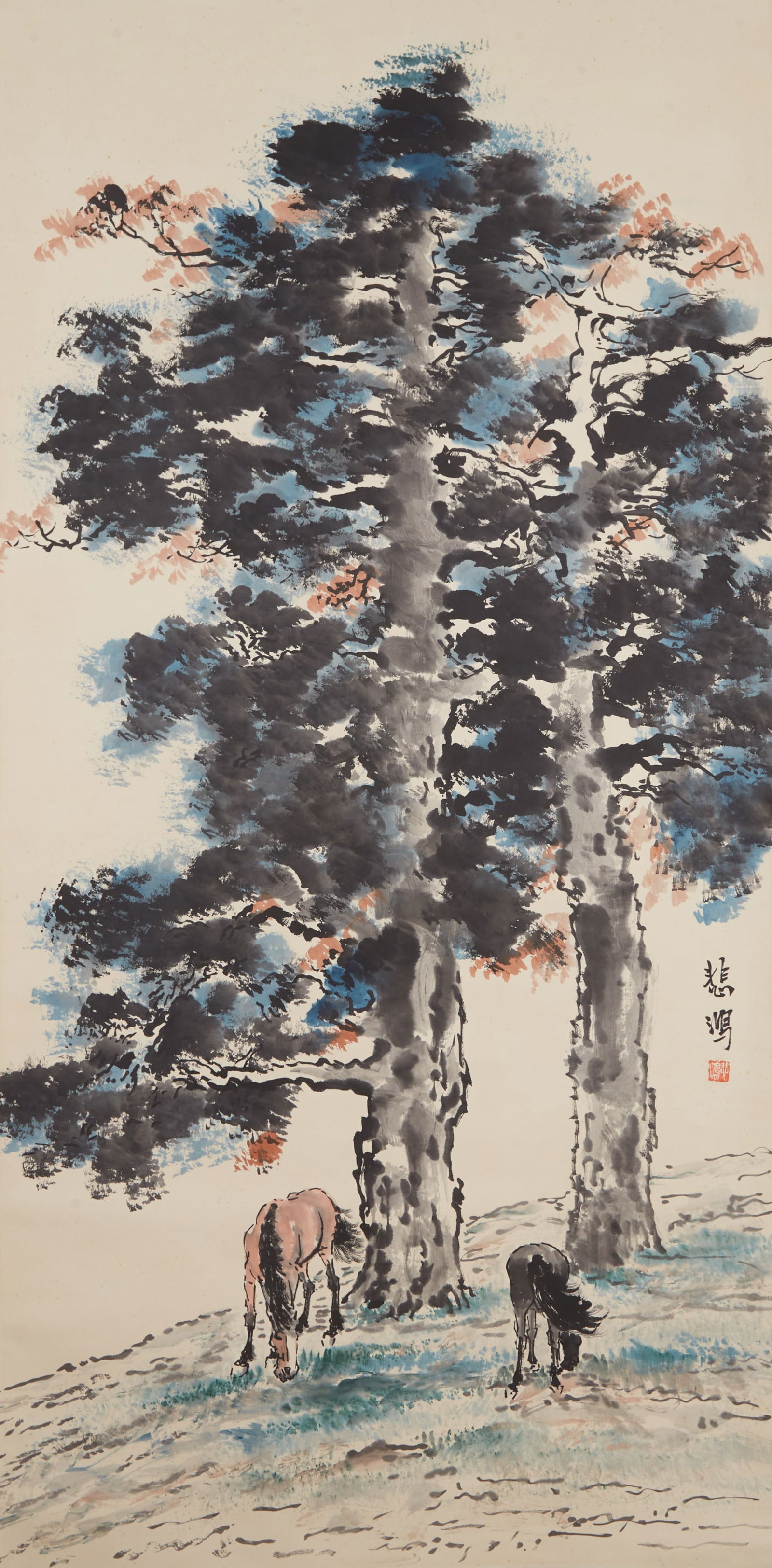 A TWO HORSES PAINTING ON PAPER BY XU BEIHONG.徐悲鴻: Two Horses Painting on Paper by Xu Beihong.徐悲鴻