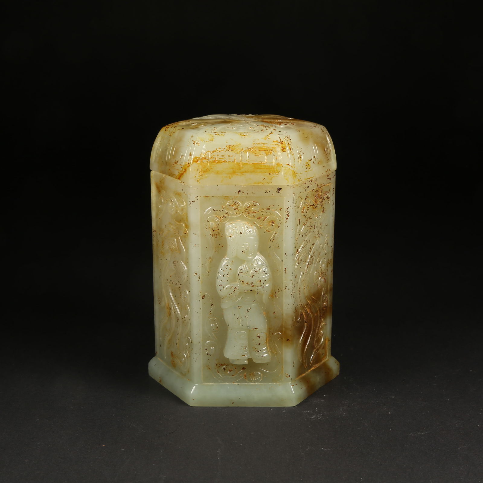 A HEXAGONAL INCENSE TUBE WITH "MAGU PRESENTING LONGEVITY" MOTIF, OF ARCHAIC JADE (1 of 9)