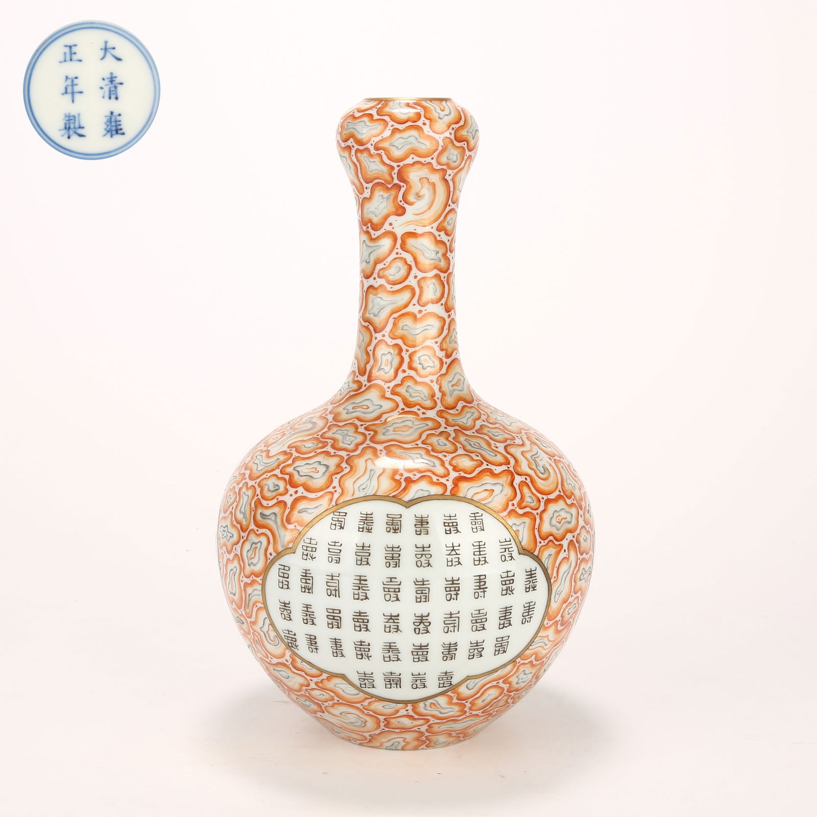 A STONE-TEXTURED GLAZE GARLIC-HEAD VASE WITH BLACK ENAMEL AND "BLESSING AND LONGEVITY" DESIGN: Stone-textured glaze garlic-head vase with black enamel and "Blessing and Longevity" design