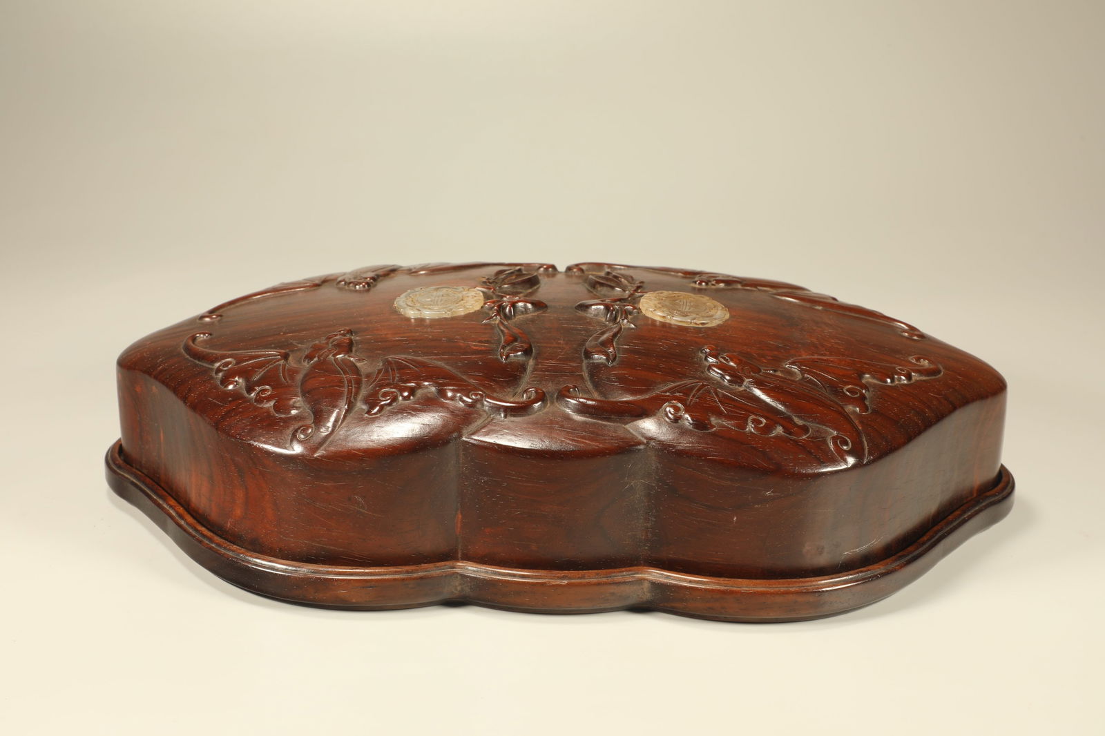 A HUANGHUALI CARVED BRUSH AND INK BOX WITH FU AND SHOU MOTIF INLAID WITH JADE (1 of 8)