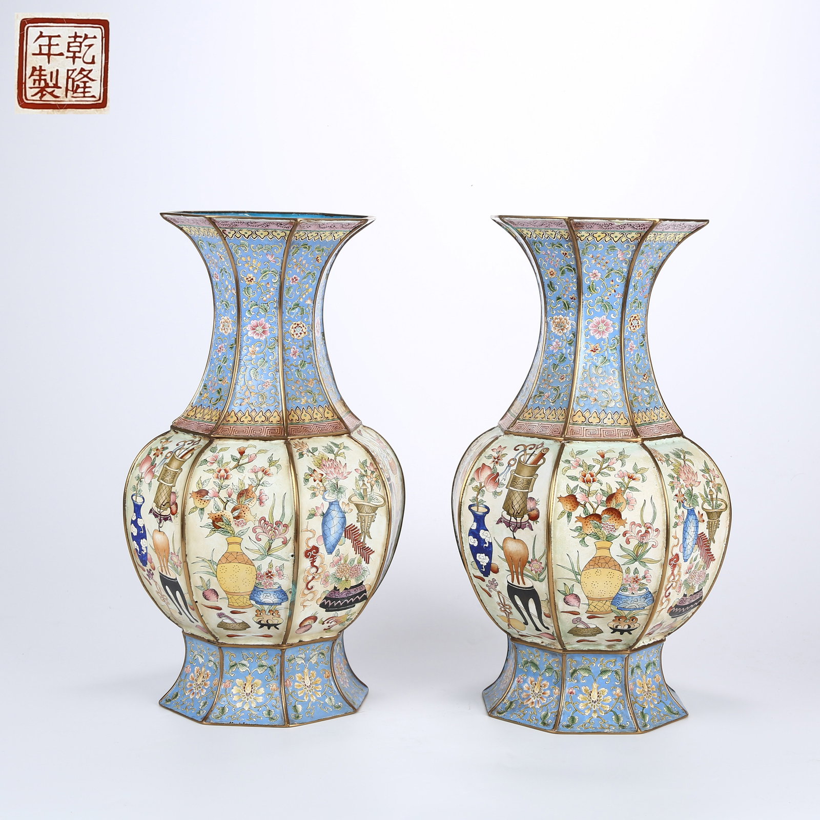 A SET OF CLOISONNÉ ENAMELED OCTAGONAL VASES WITH ANTIQUITIES MOTIF (1 of 13)