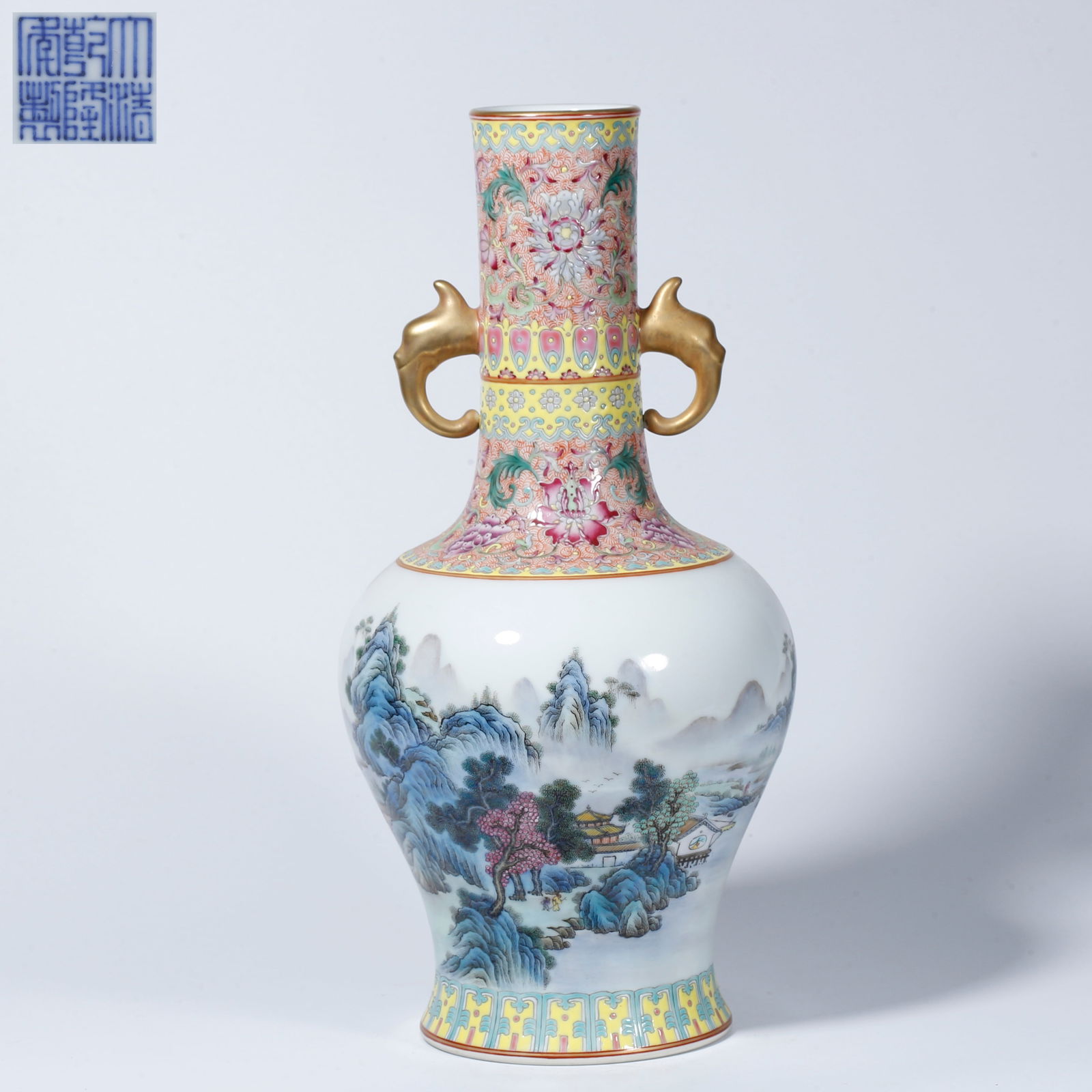 A FAMILLE ROSE DOUBLE-EARED VASE WITH LANDSCAPE DESIGN: Famille Rose Double-Eared Vase with Landscape Design