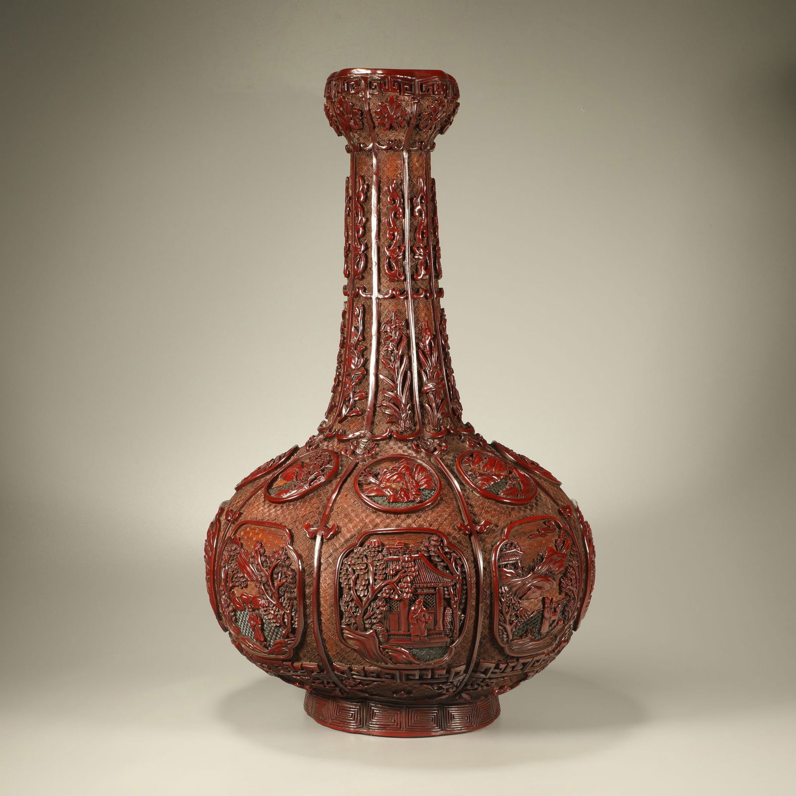 A LACQUER EIGHT-SIDED VASE WITH LANDSCAPE AND FIGURAL MOTIF (1 of 7)