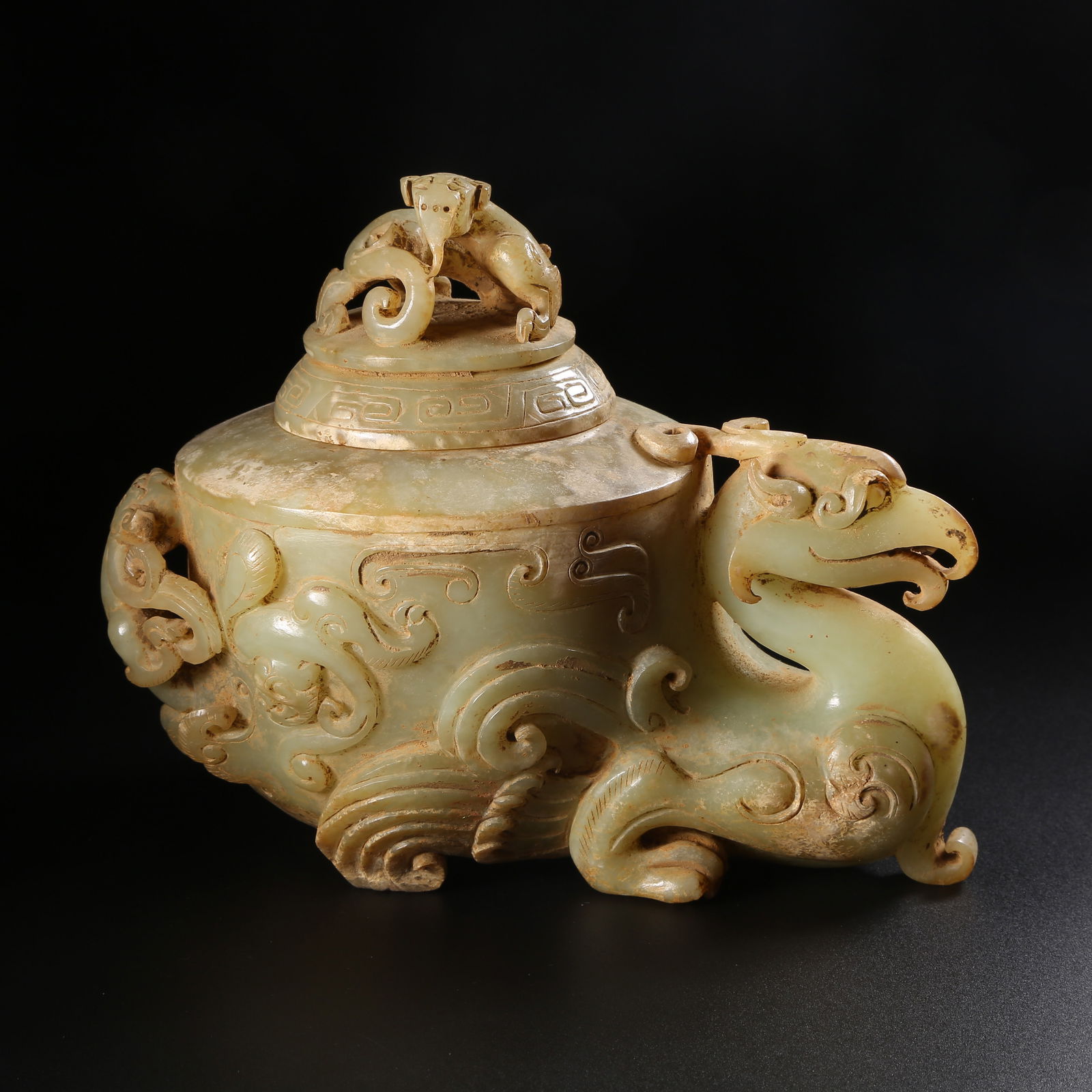 A ARCHAIC JADE LIDDED CENSER WITH PHOENIX HEAD AND DRAGON FINIAL (1 of 9)