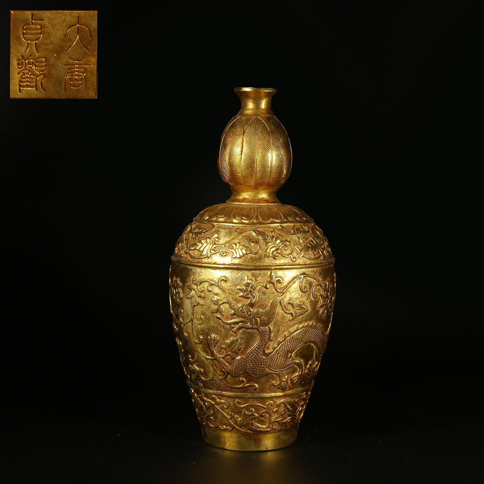 A GILT BRONZE GOURD VASE WITH PHOENIX DESIGN (1 of 9)