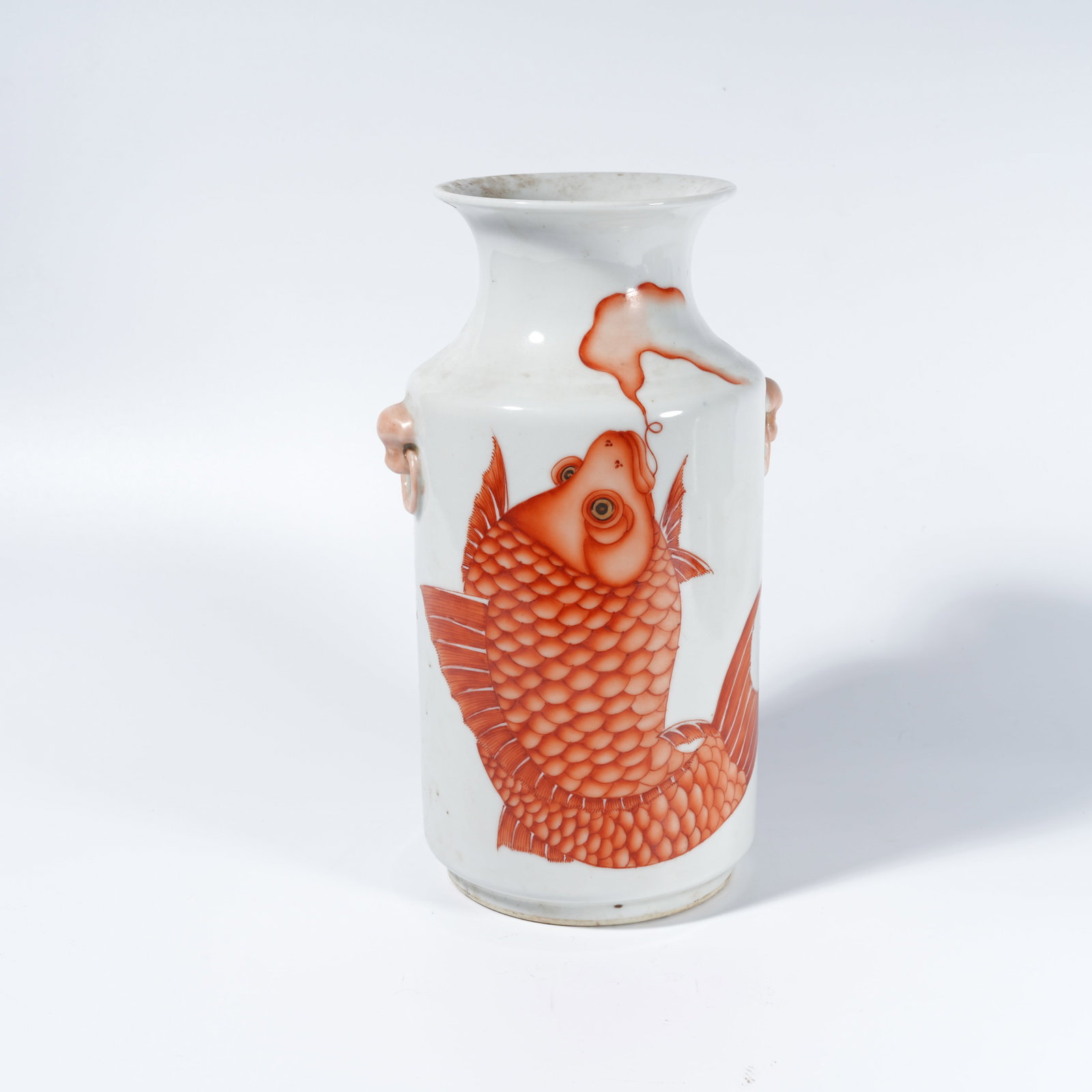 A FAMILLE-ROSE DOUBLE-LOOP-EAR VASE WITH FISH MOTIF: Famille-Rose Double-Loop-Ear Vase with Fish Motif