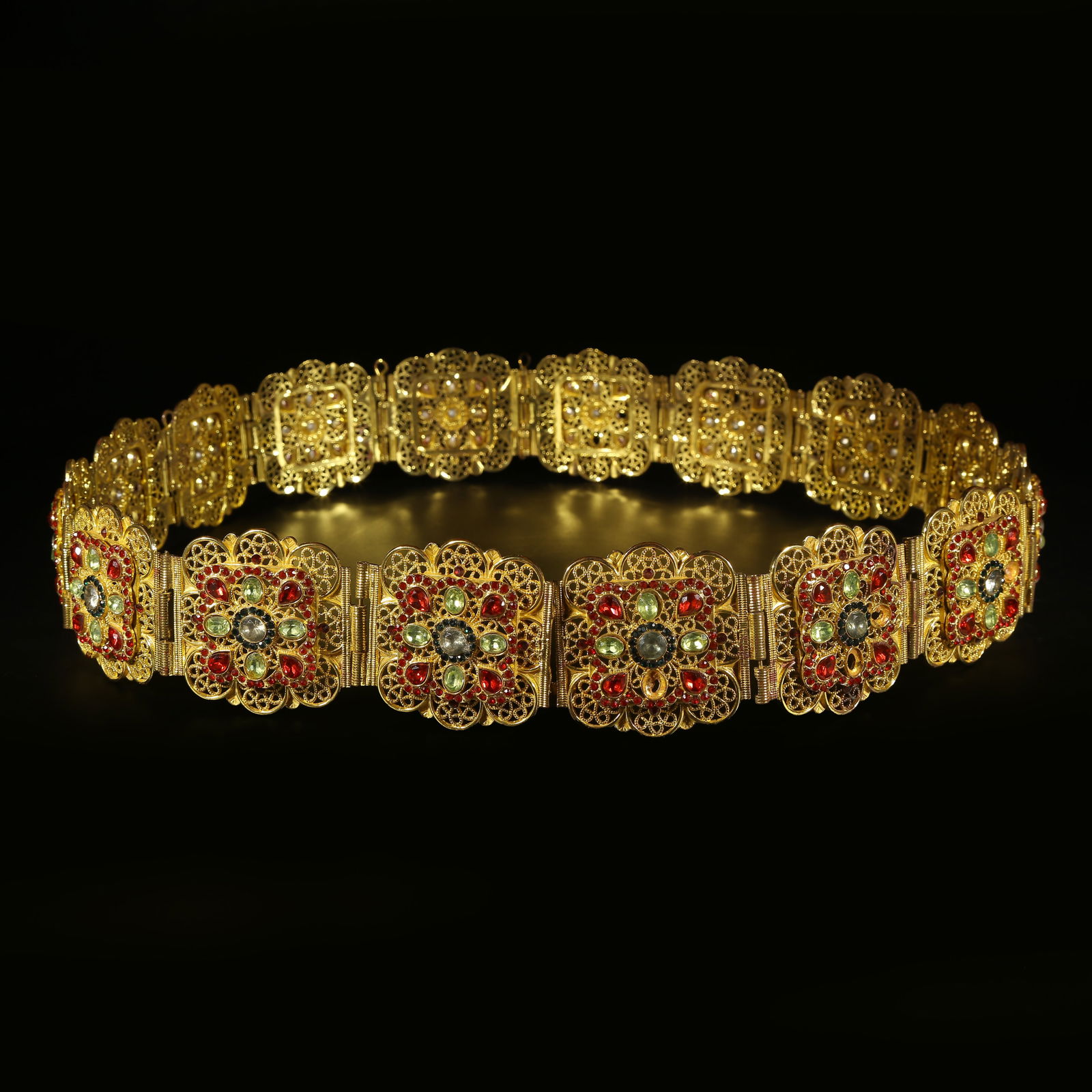 A GILT BRONZE INLAID GEMSTONE BELT: Gilt Bronze Inlaid Gemstone Belt
