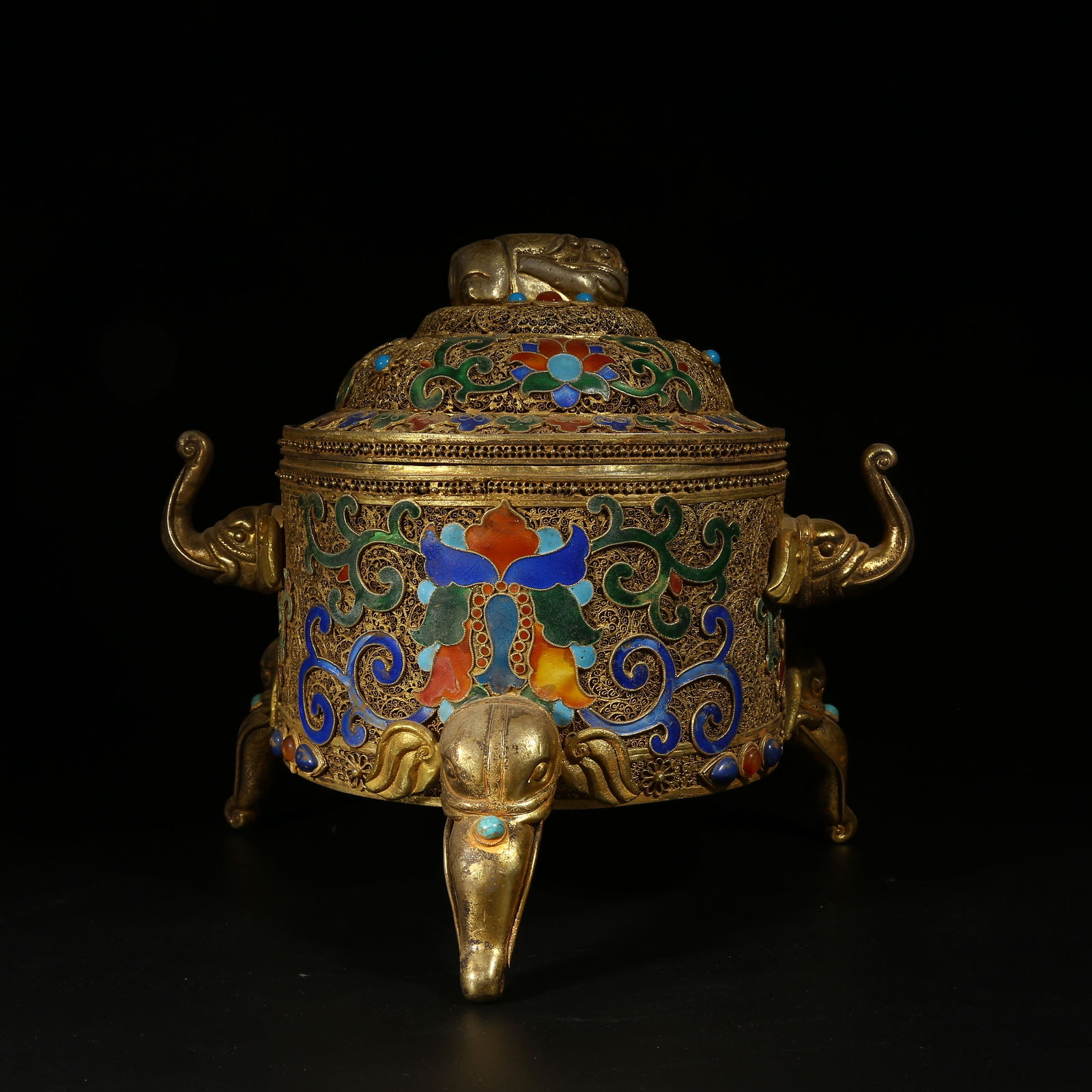 A GILDED SILVER FILIGREE CLOISONNÉ INCENSE BURNER WITH BAOXIANGHUA FLORAL MOTIF AND ELEPHANT-EAR (1 of 10)
