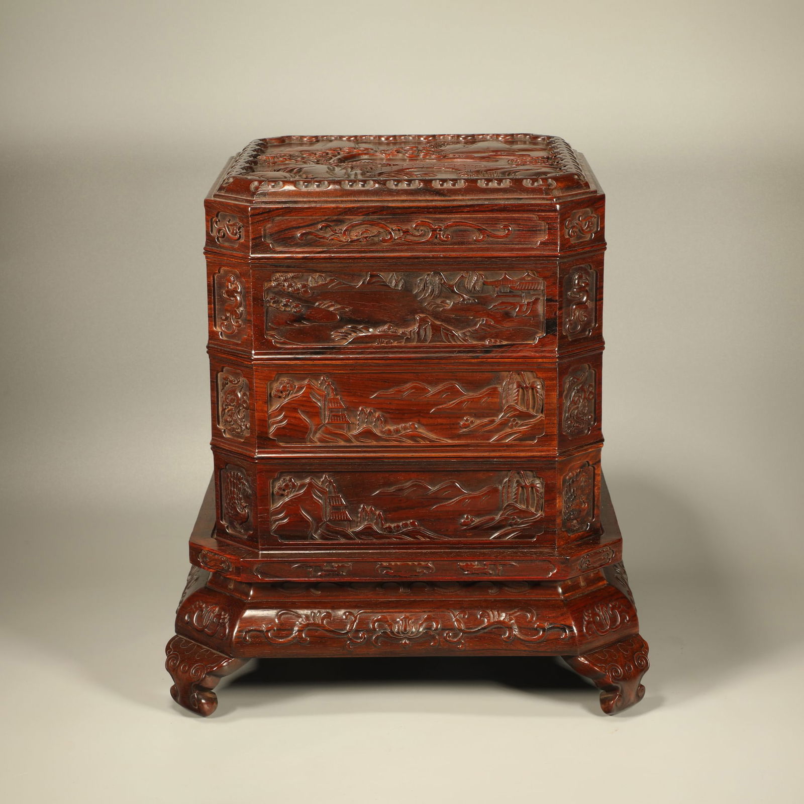 A HUANGHUALI CARVED MULTI-LAYER BOX WITH LANDSCAPE MOTIF: Huanghuali Carved Multi-Layer Box with Landscape Motif