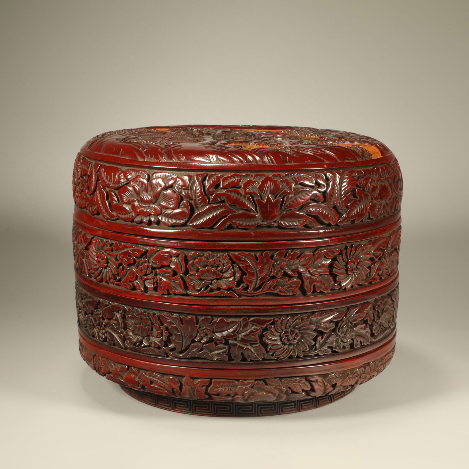 A LACQUER THREE-LAYER COVERED BOX WITH LANDSCAPE, FIGURES, AND FLOWER MOTIF (1 of 7)