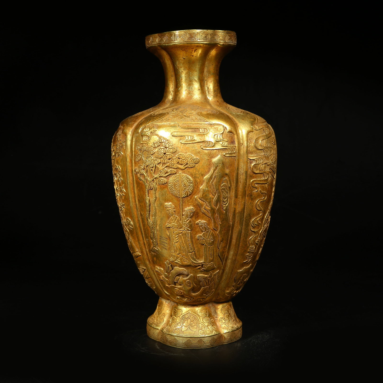 A GILDED BRONZE SQUARE VASE WITH COURTYARD LADY SCENES: Gilded bronze square vase with courtyard lady scenes