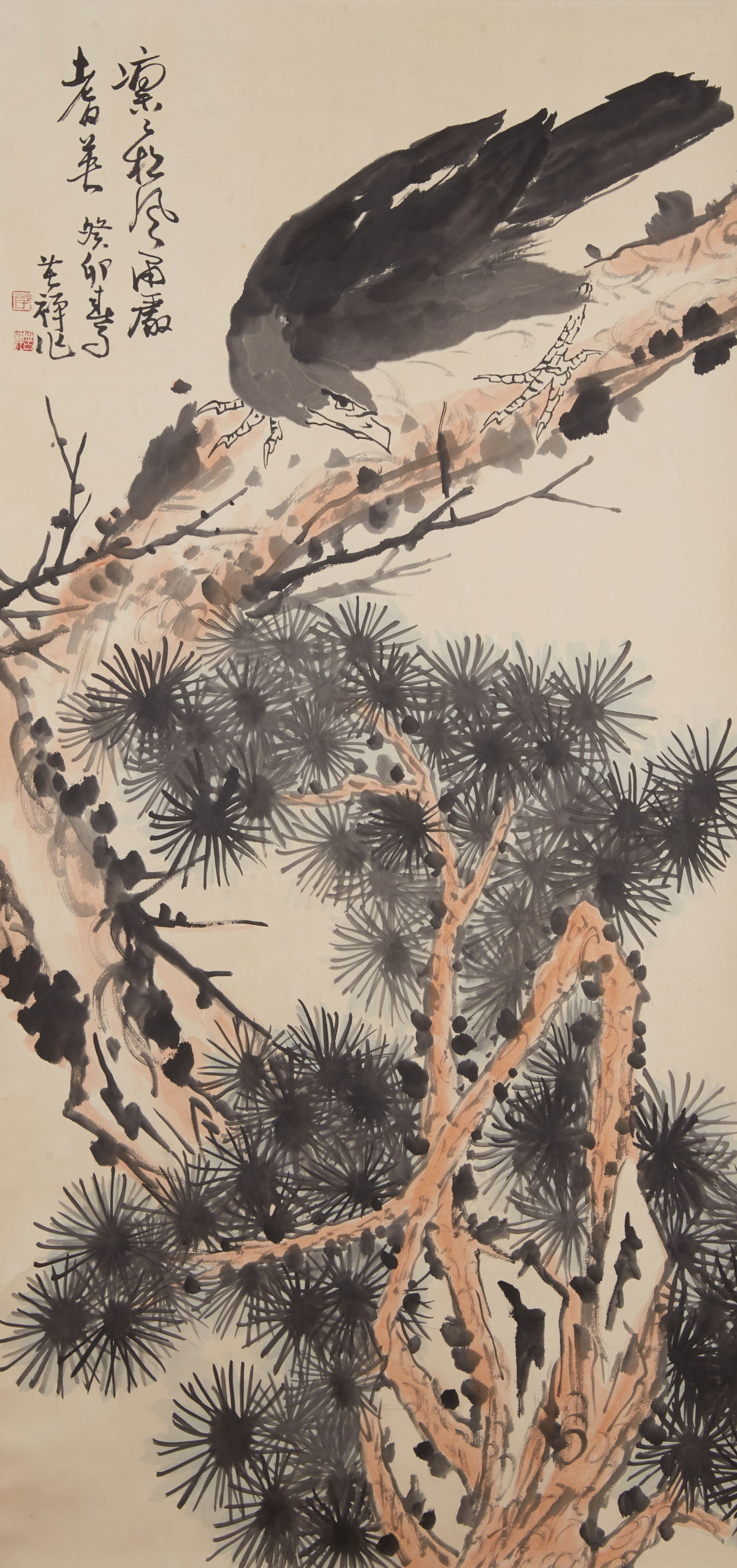 A PINE AND EAGLE PAINTING ON PAPER BY LI KUCHAN.李苦禪: Pine and Eagle Painting on Paper by Li Kuchan.李苦禪