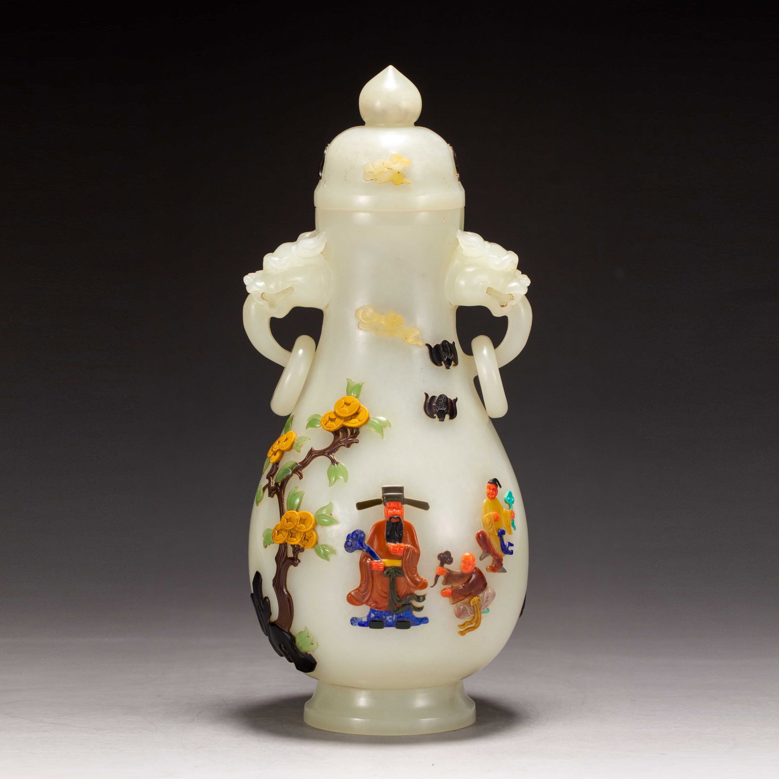 A HETIAN JADE INLAID "HUNDRED TREASURES" DOUBLE-HANDLED VASE (1 of 9)