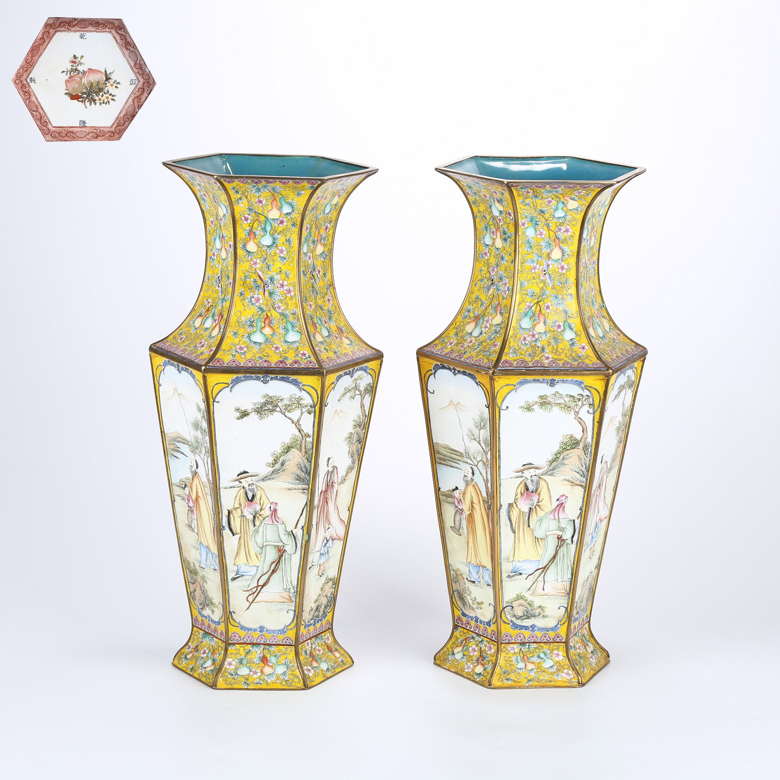 A SET OF CLOISONNÉ ENAMELED HEXAGONAL VASES WITH SCHOLAR FIGURES (1 of 12)