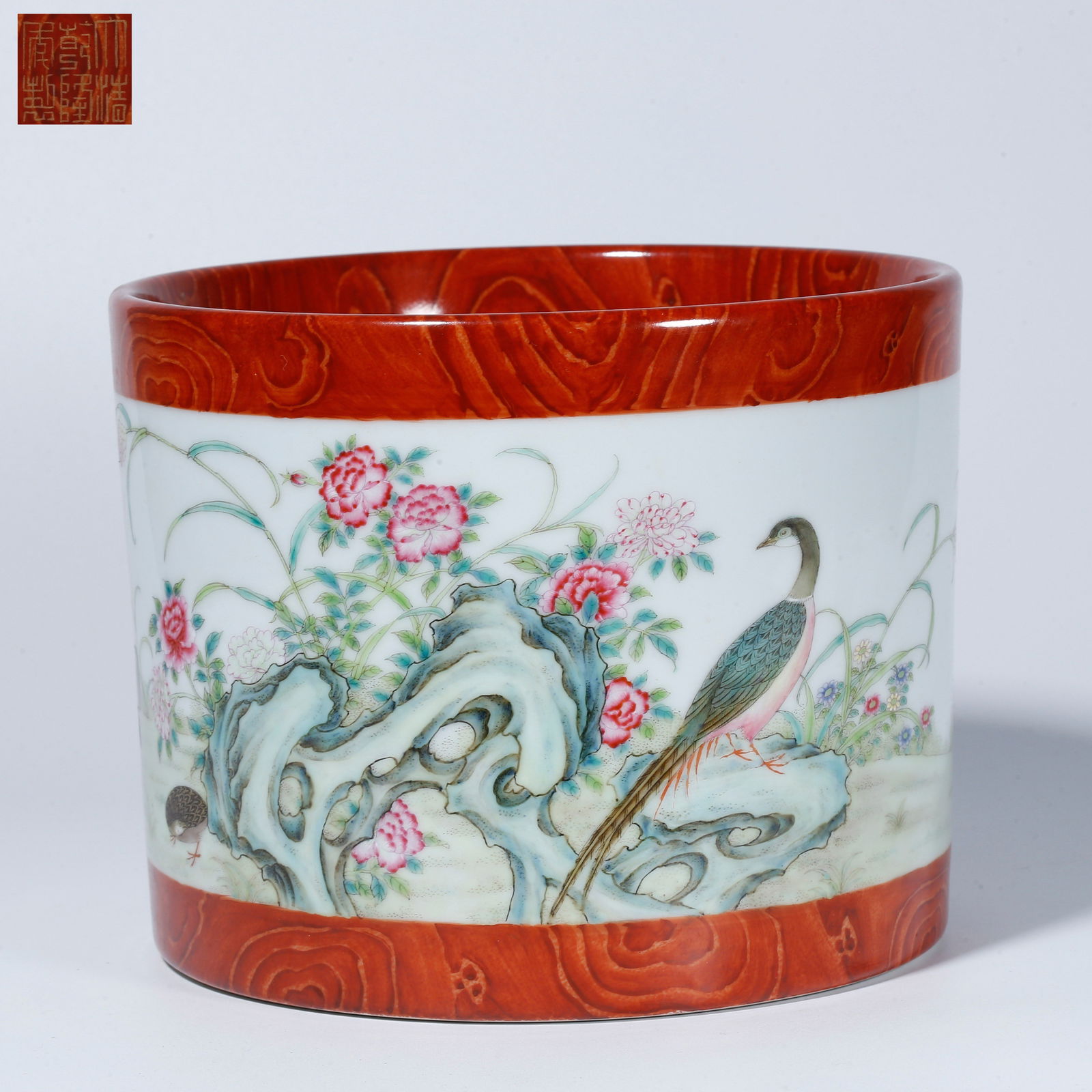 A WOOD-GRAIN GLAZE BRUSH POT WITH FLOWER-AND-BIRD DESIGN (1 of 10)