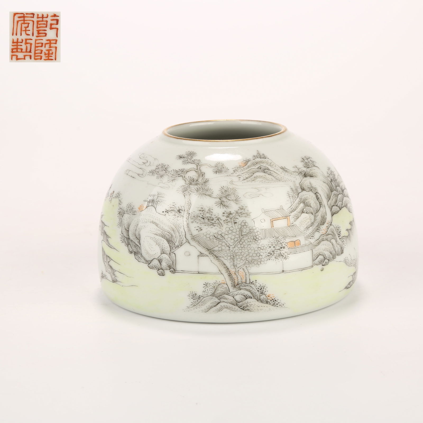 A INK-PAINTED WATER POT WITH LANDSCAPE DESIGN: Ink-painted water pot with landscape design