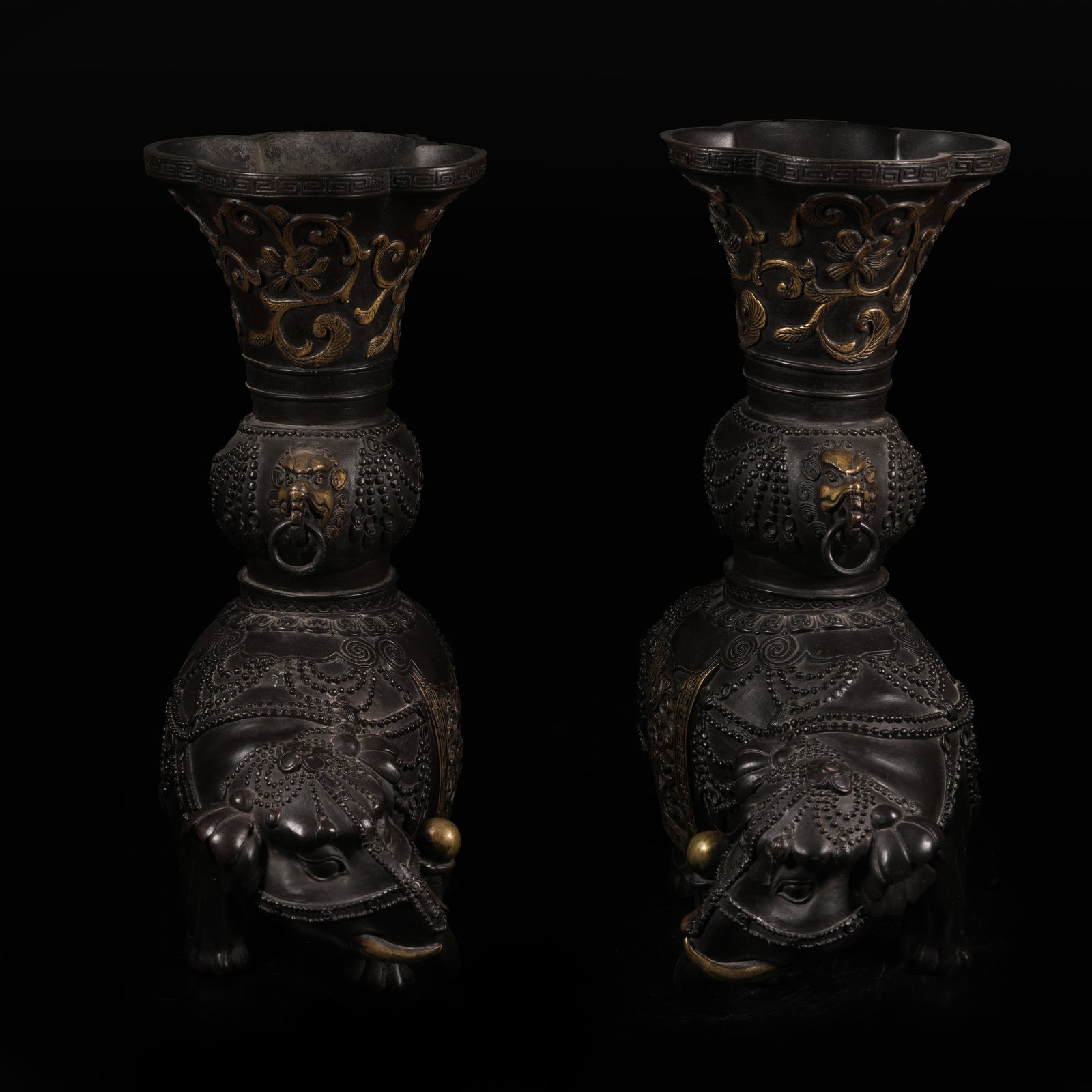 A BRONZE PARTIALLY GILT "PEACEFUL ELEPHANTS" FLOWER VASE SET: Bronze Partially Gilt "Peaceful Elephants" Flower Vase Set