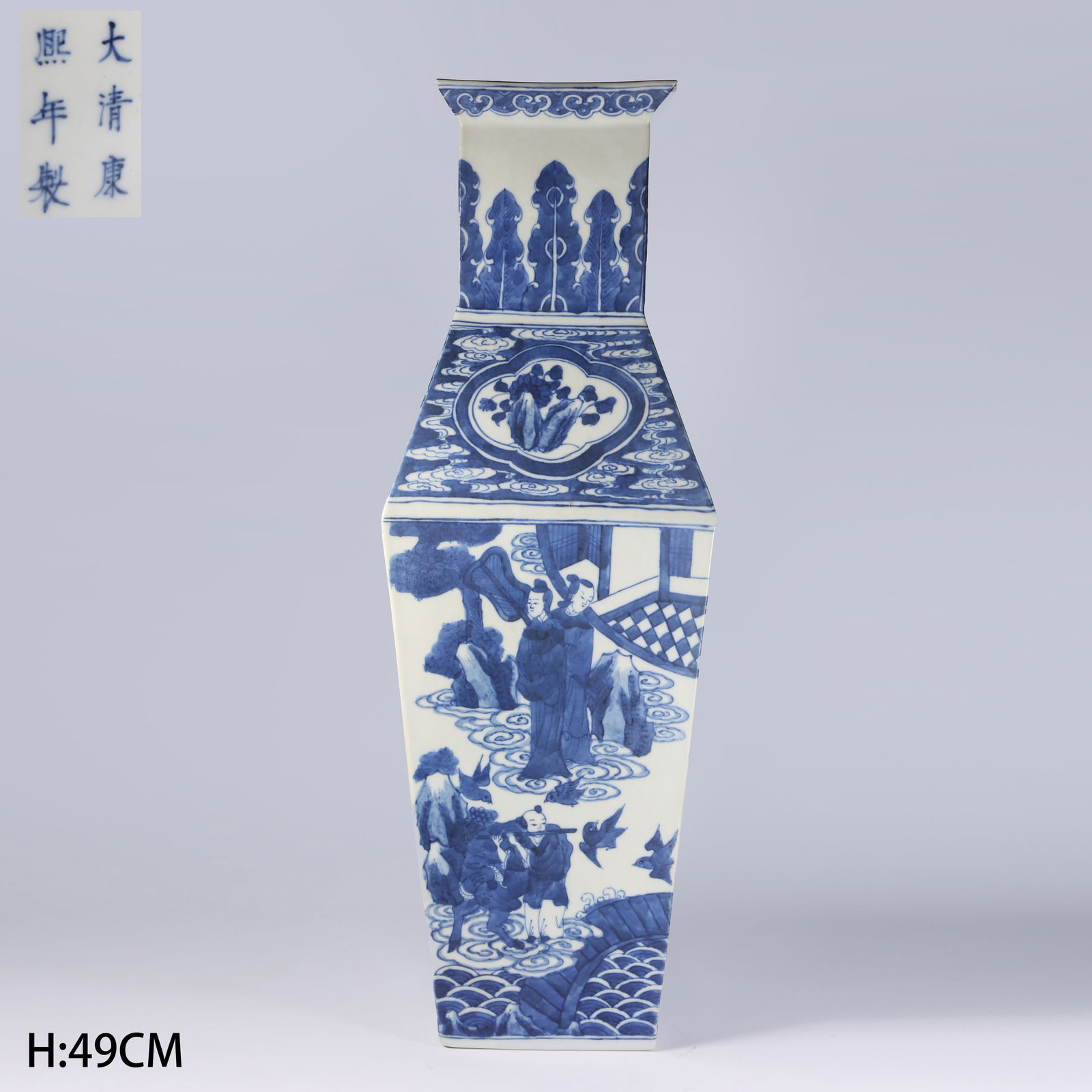 A BLUE-AND-WHITE SQUARE VASE WITH FIGURAL NARRATIVE SCENES: Blue-and-White Square Vase with Figural Narrative Scenes