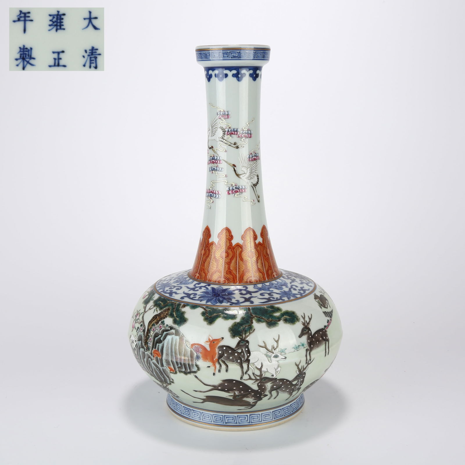 A FAMILLE ROSE VASE WITH DEER AND CRANE IN SPRING, WIDE MOUTH AND NECK: Famille rose vase with deer and crane in spring, wide mouth and neck