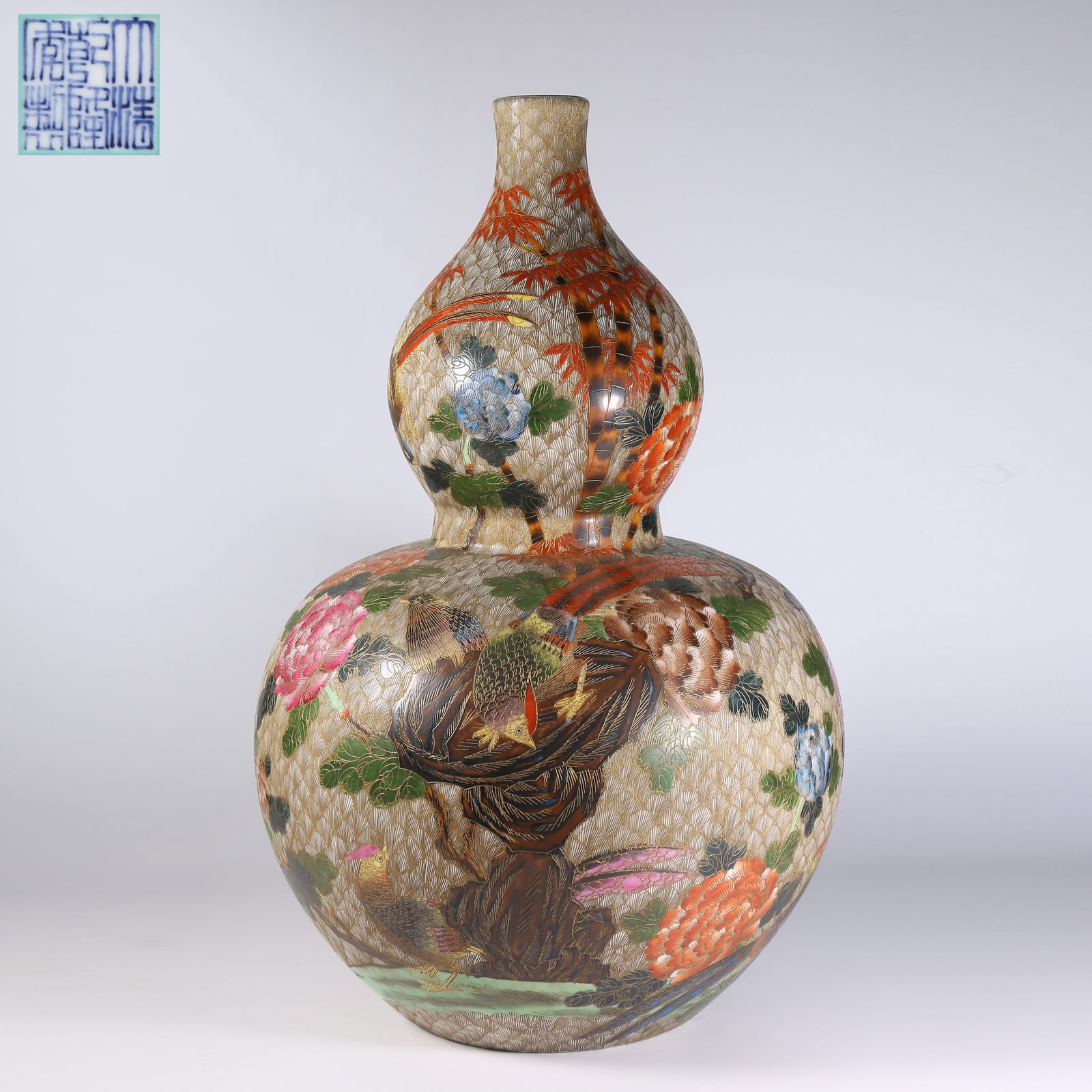 A CLOISONNÉ ENAMEL GOURD-SHAPED VASE WITH FLORAL AND BIRD MOTIFS (1 of 9)