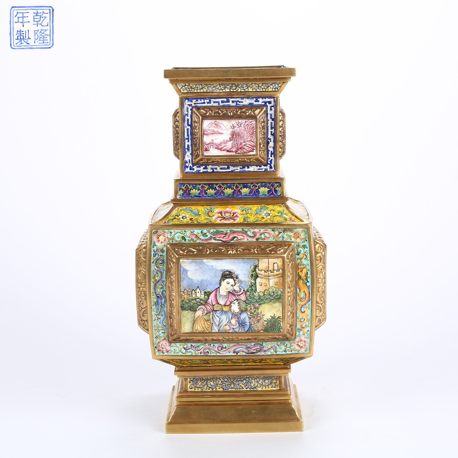 A CLOISONNÉ ENAMELED SQUARE ZUN VASE WITH WESTERN FIGURES: Cloisonné enameled square zun vase with Western figures