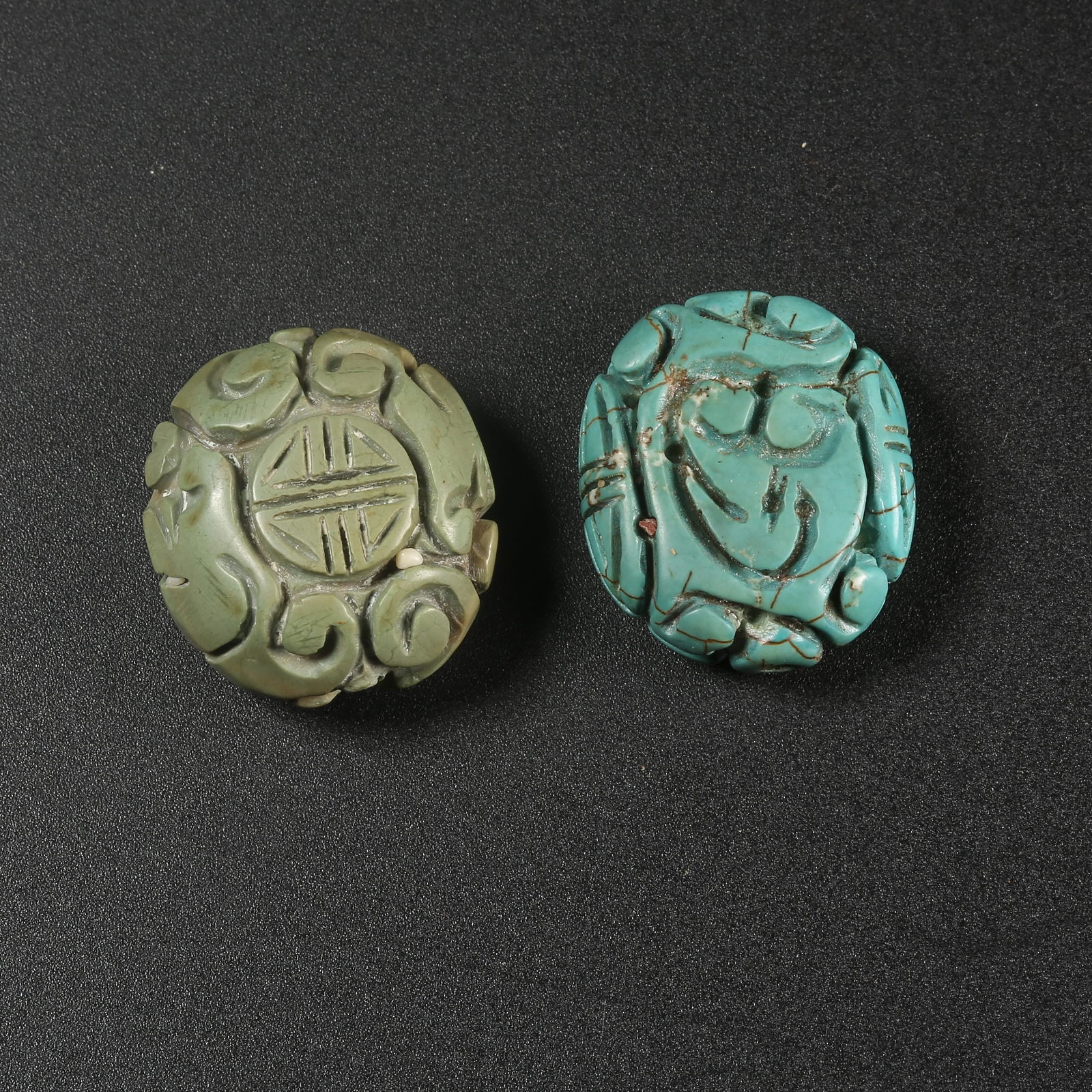 A GROUP OF TURQUOISE, SHELL, AND FISH ORNAMENTS: Group of Turquoise, Shell, and Fish Ornaments