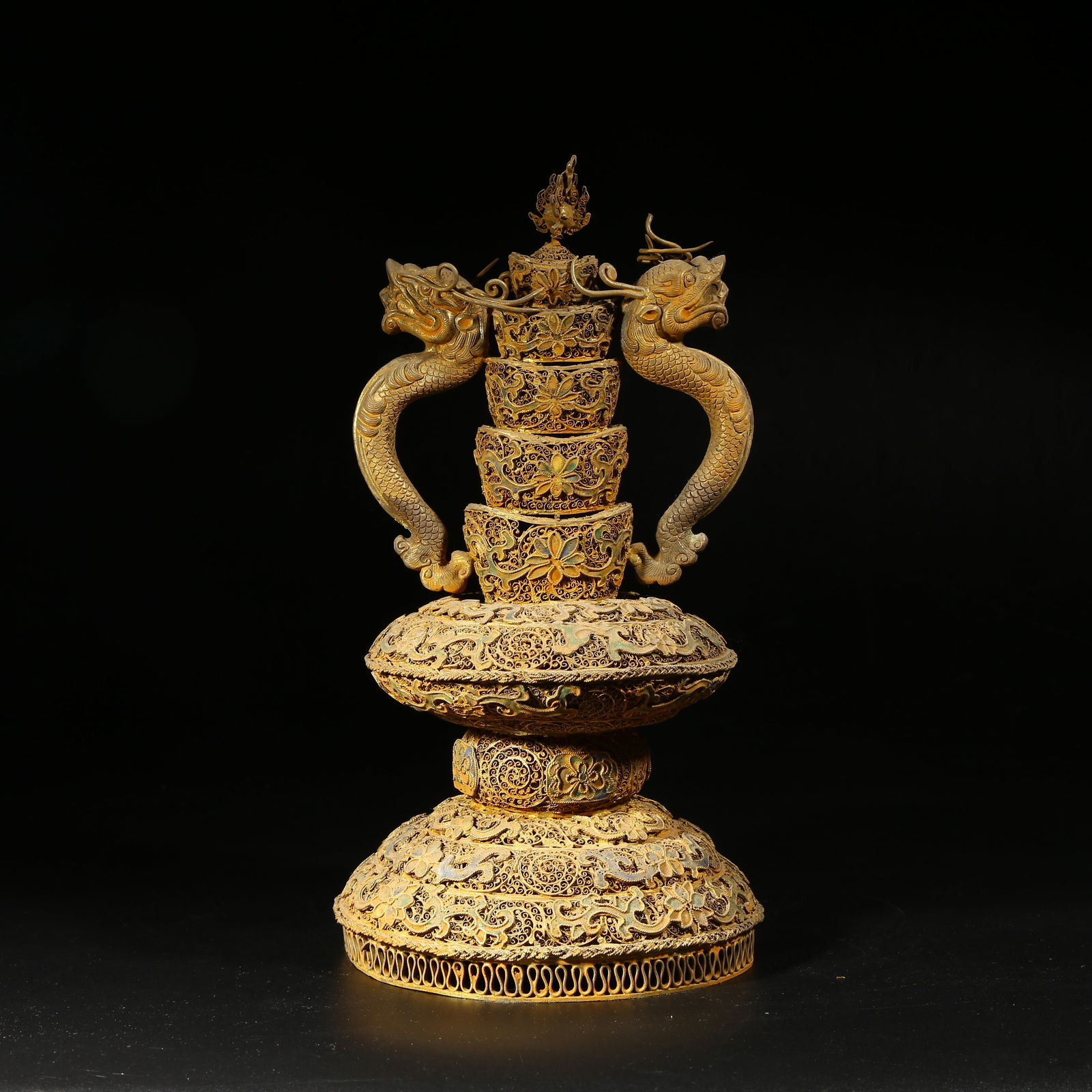 A GILDED SILVER FILIGREE CLOISONNÉ DRAGON-THEMED ORNAMENT: Gilded silver filigree cloisonné dragon-themed ornament